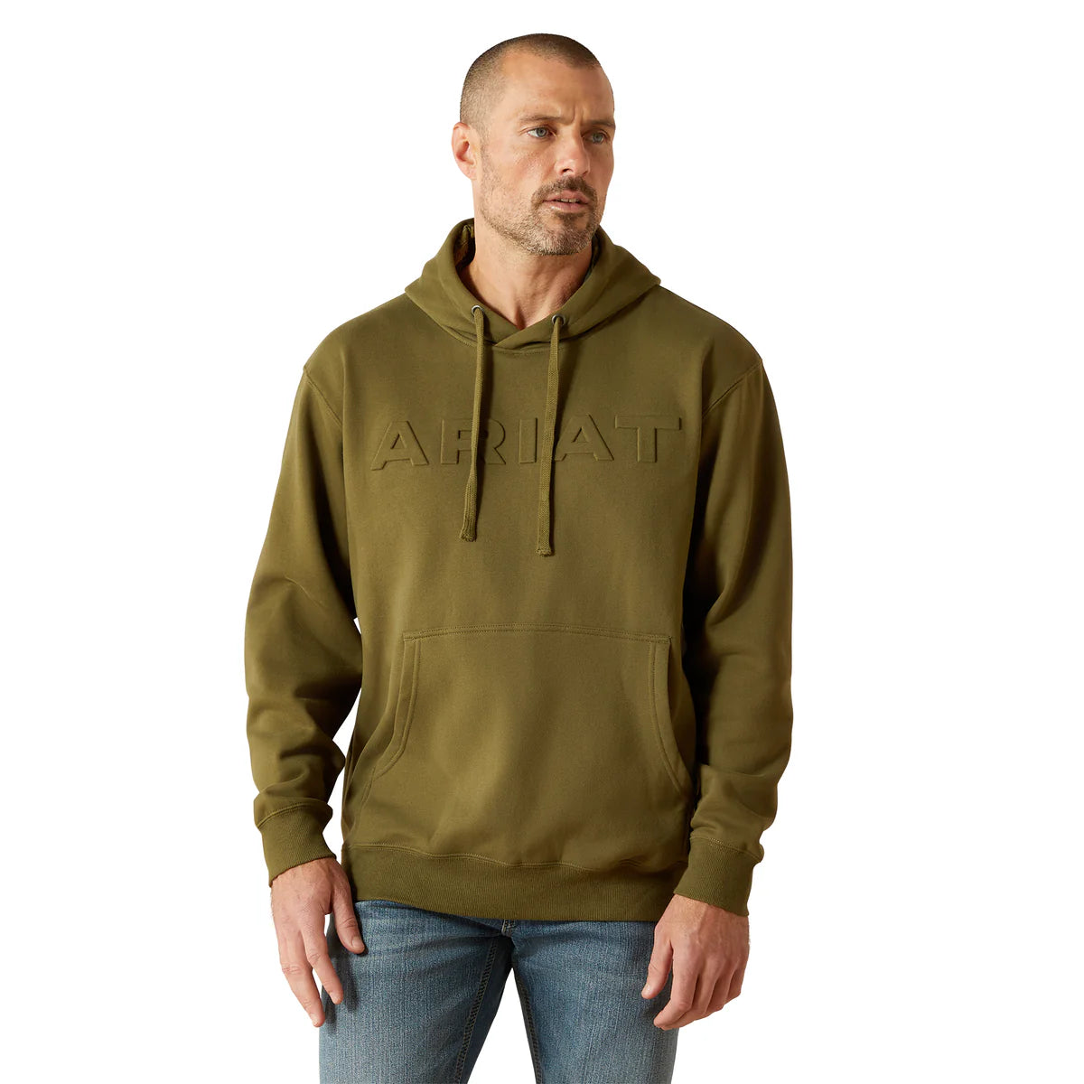 Man wearing a green Ariat hoodie on a white background