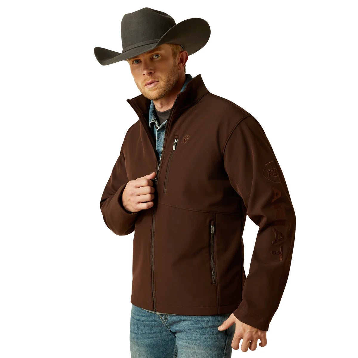 Man wearing a brown jacket and cowboy hat on a white background