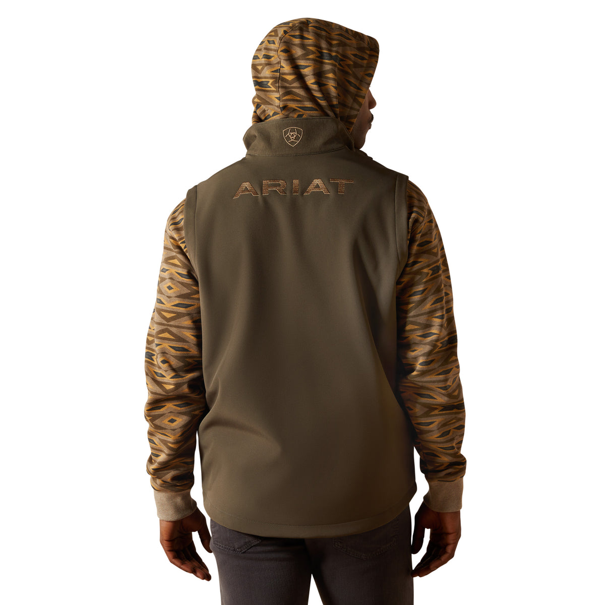 Brown and camouflage hoodie with 'Ariat' branding on a white background
