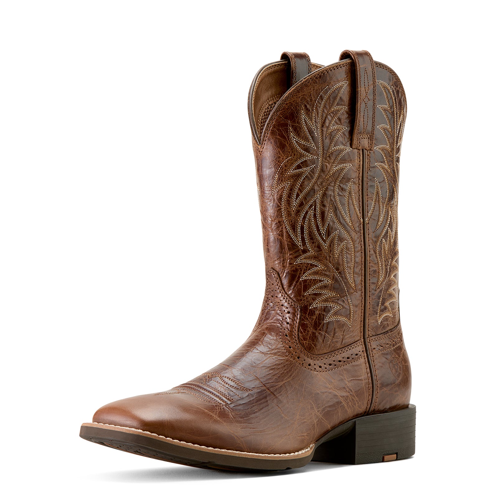 Ariat Men's Sport Western Wide Square Toe Boot. Brown cowboy boot with intricate embossing on a white background
