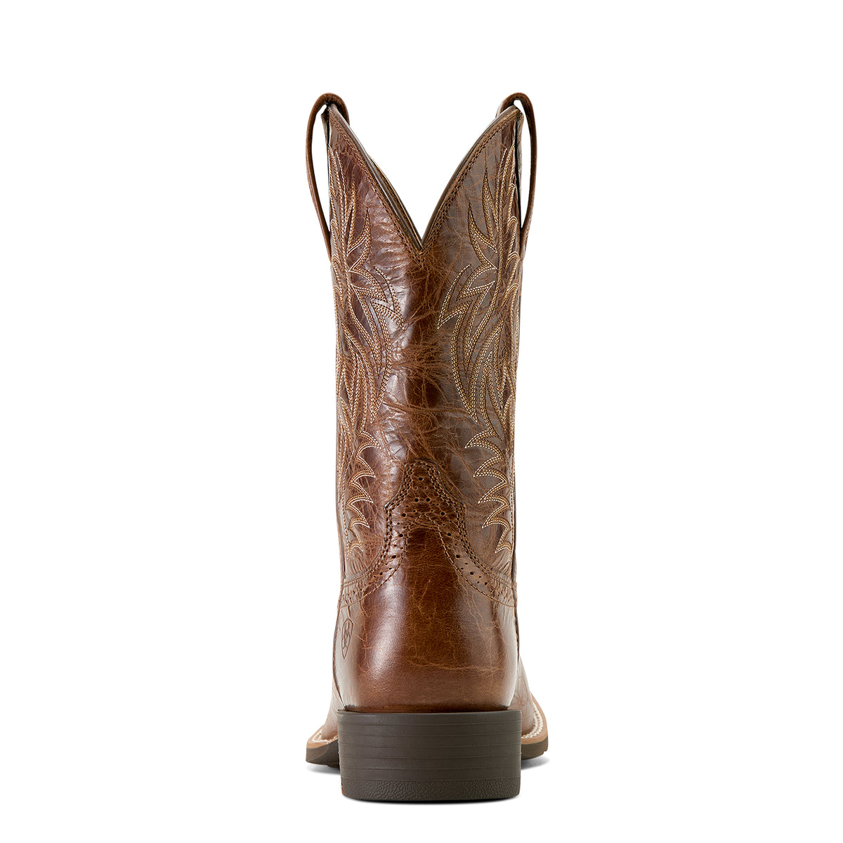 Ariat Men's Sport Western Wide Square Toe Boot. Brown cowboy boot with intricate design on a white background