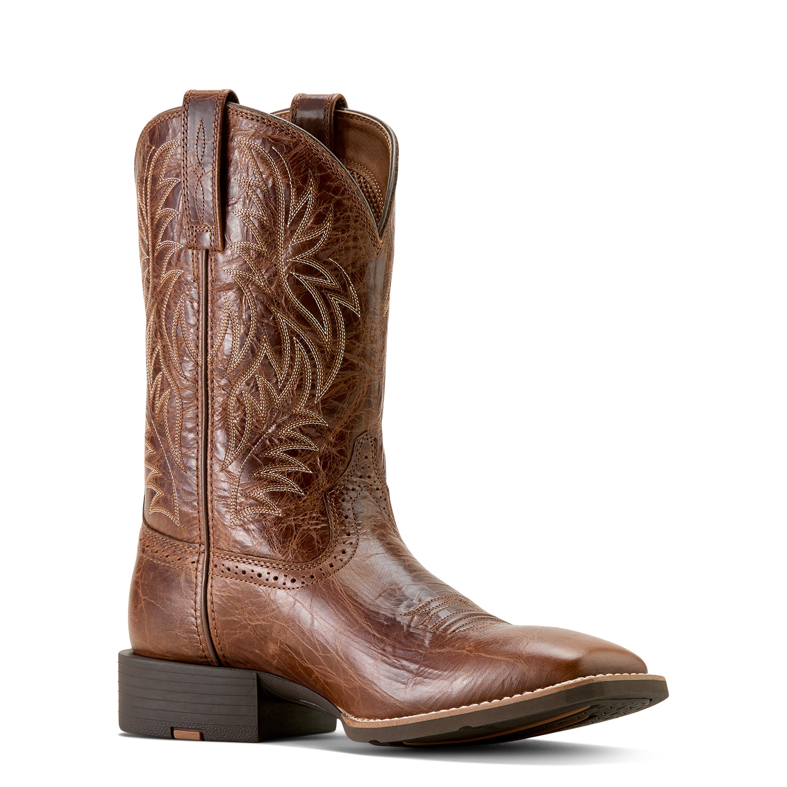 Ariat Men's Sport Western Wide Square Toe Boot. Brown cowboy boot with intricate embossing on a white background