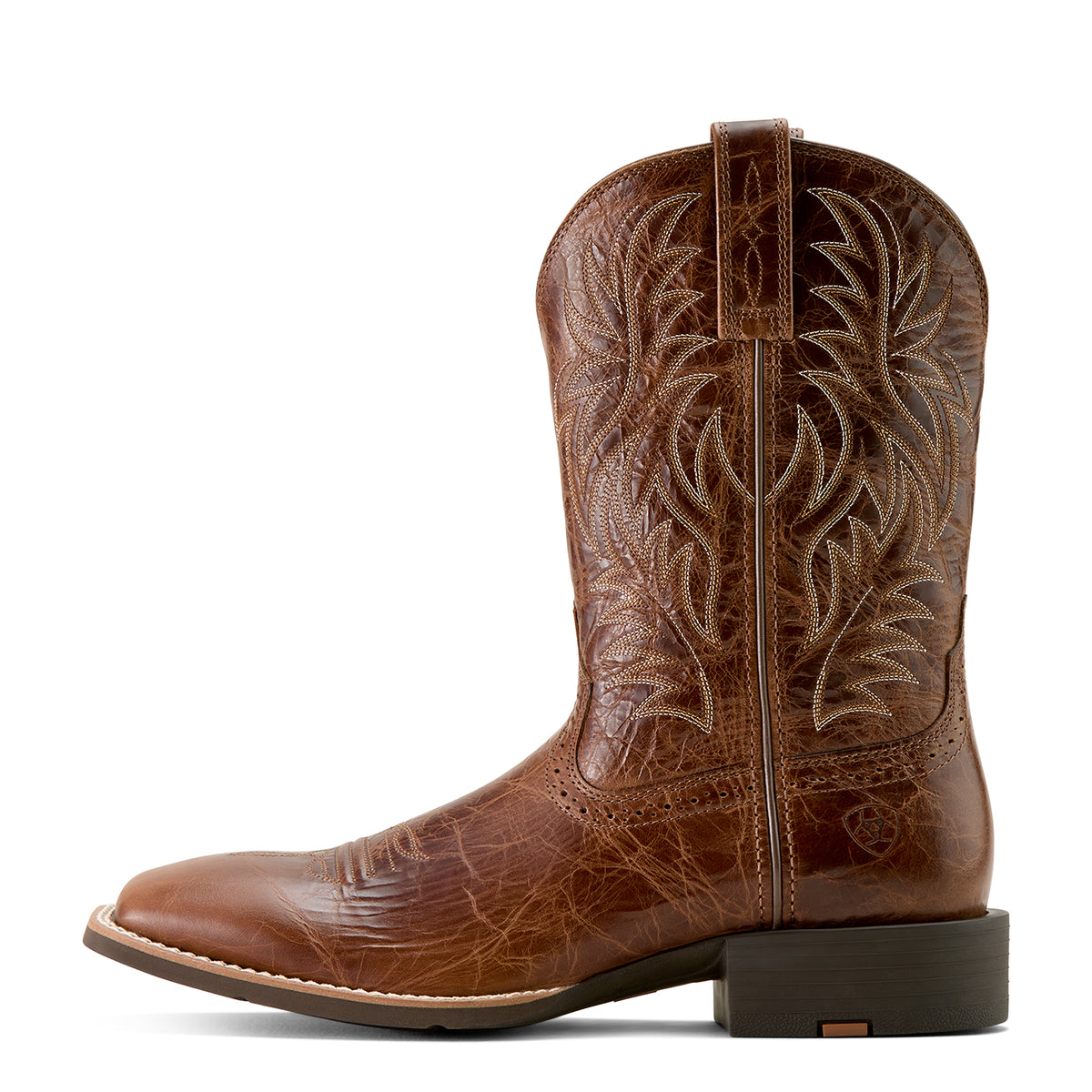 Ariat Men's Sport Western Wide Square Toe Boot. Brown cowboy boot with intricate embossing on a white background