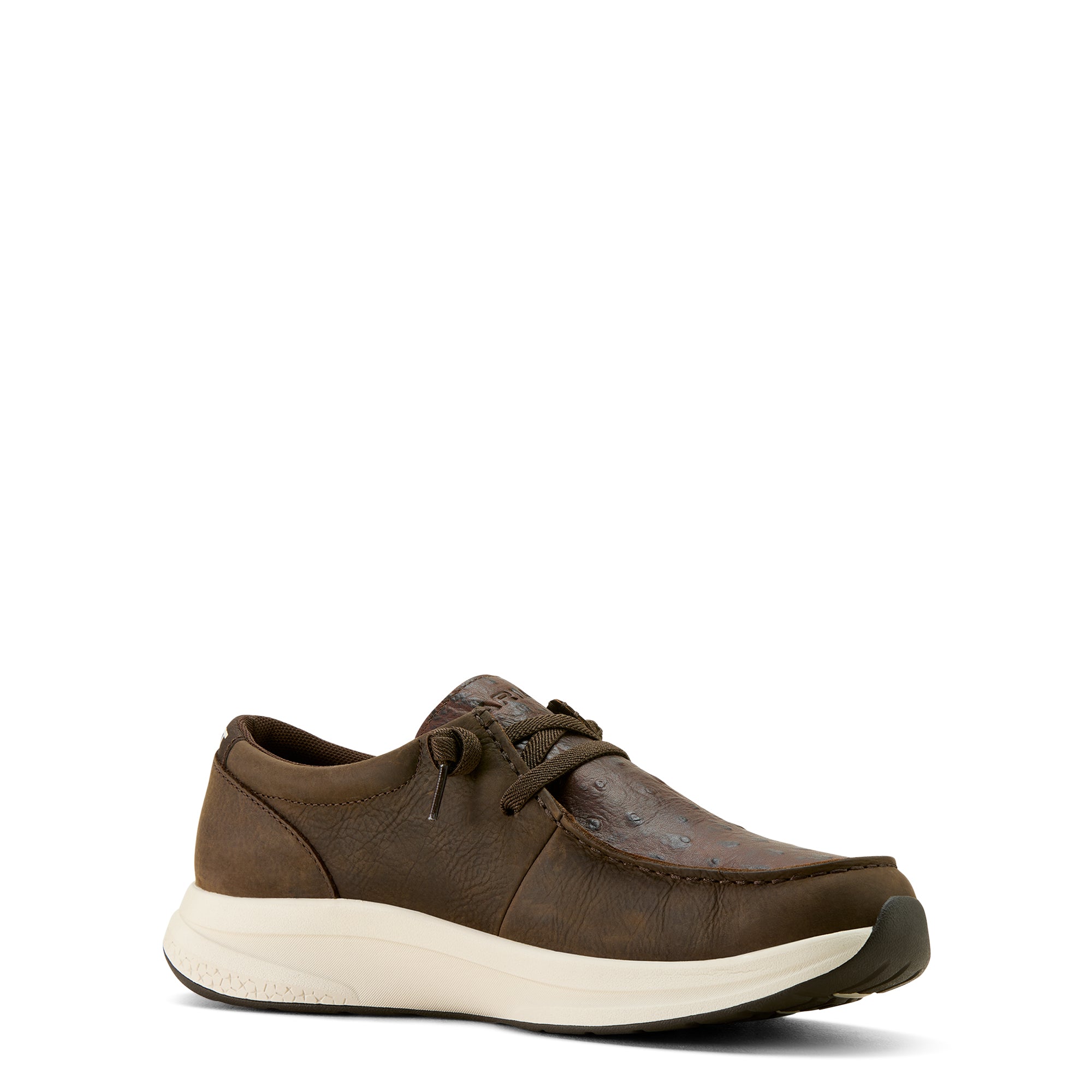 Ariat Men's Buckeye H2O Shoe. Brown leather shoe with white sole on a white background