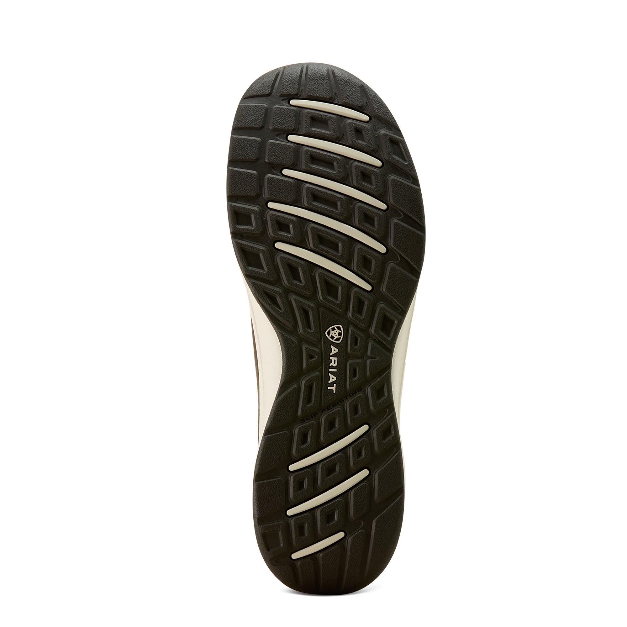 Ariat Men's Buckeye H2O Shoe. Close-up of a shoe sole with Ariat logo on a white background