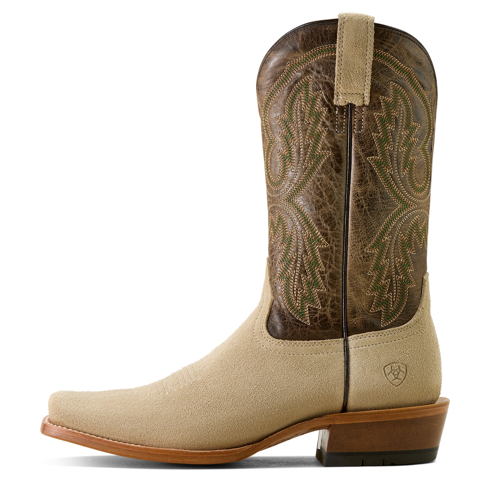Ariat Men's Futurity Cashout Western Boot. Beige and brown cowboy boot with intricate design on a white background