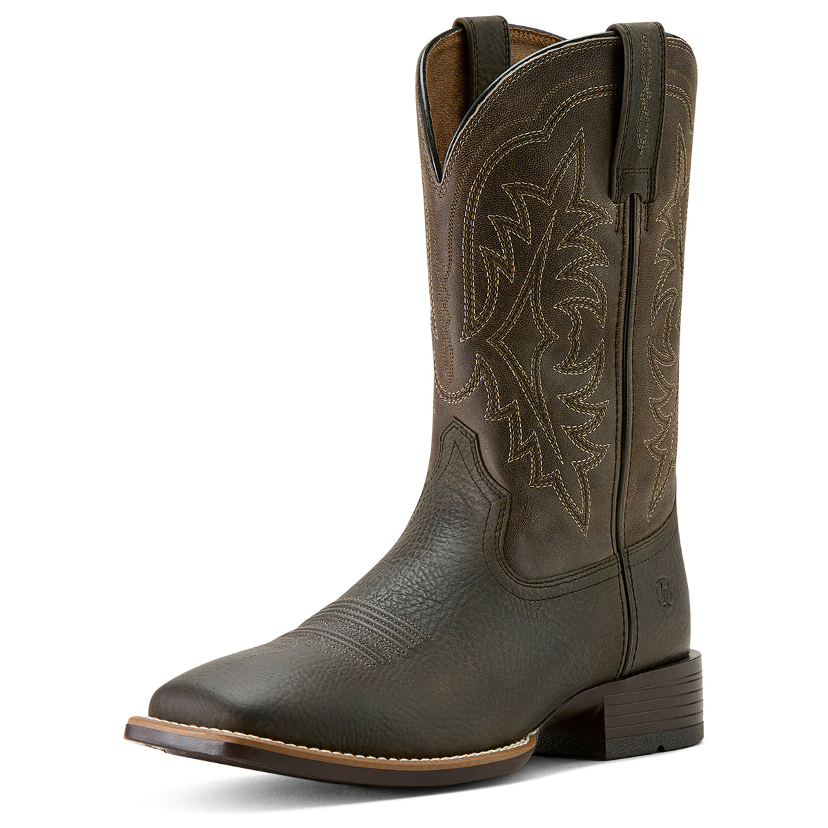 Ariat Men&#39;s Ryden Ultra Western Boot. Brown cowboy boot with intricate stitching on a white background