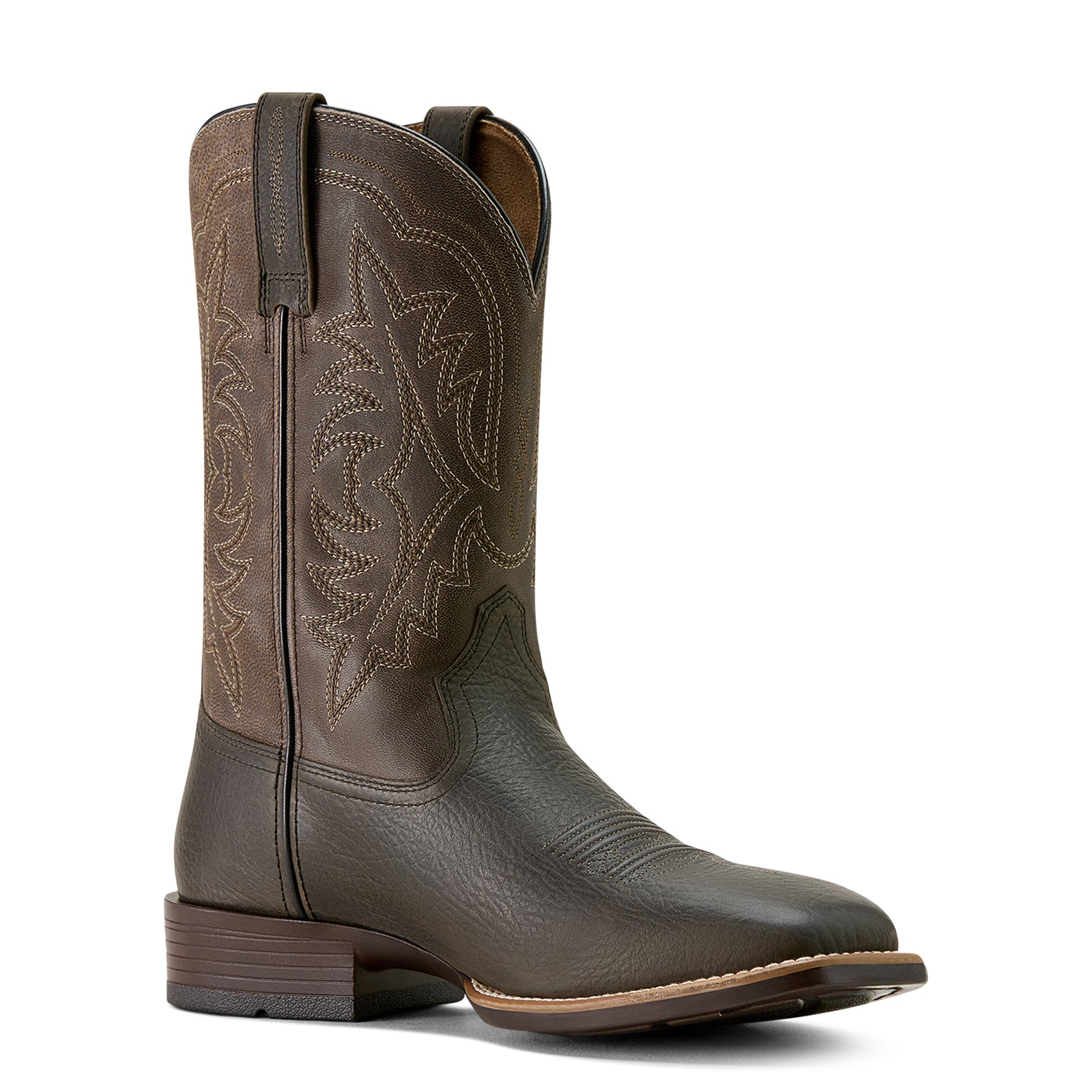 Ariat Men's Ryden Ultra Western Boot. Brown leather cowboy boot with intricate stitching on a white background