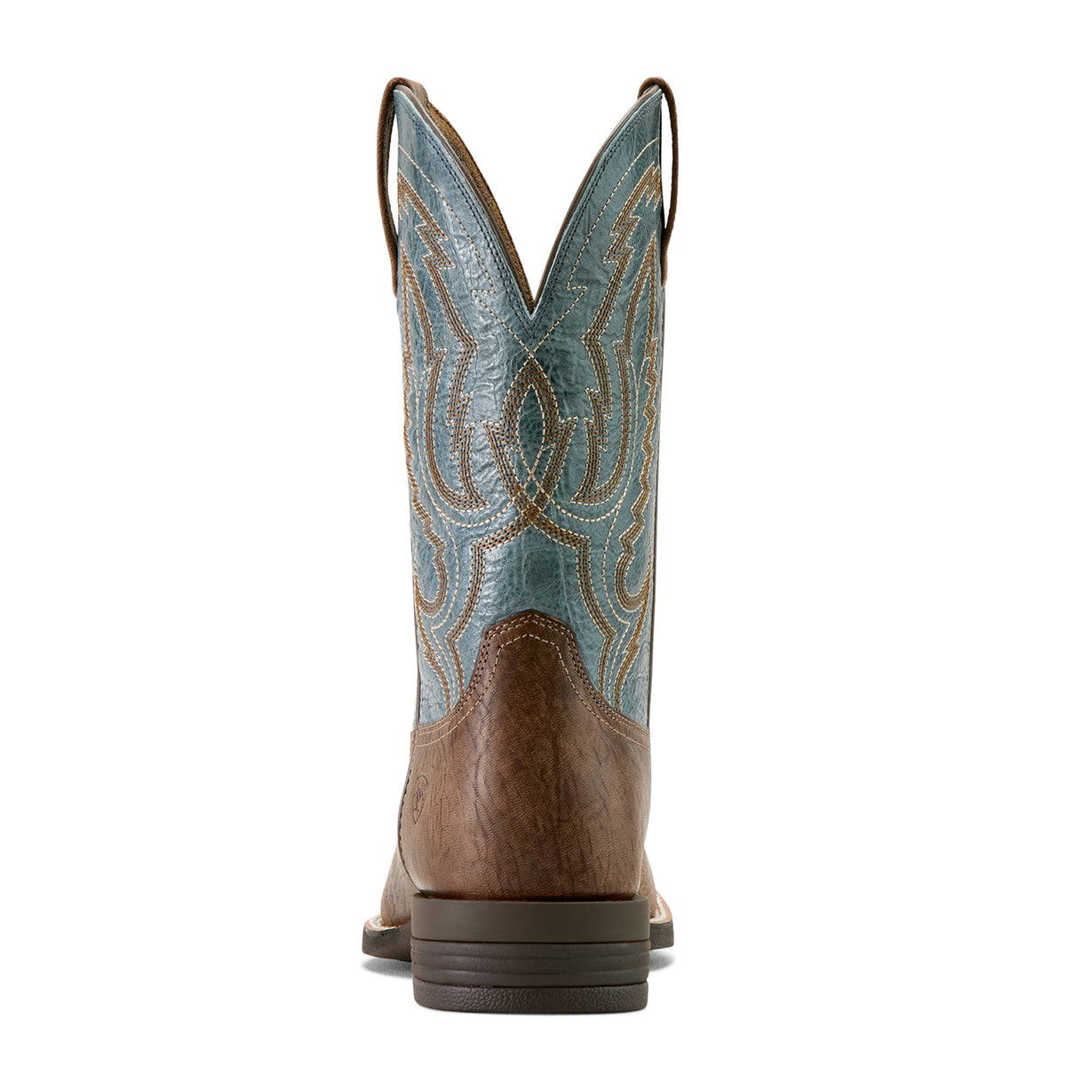 Ariat Men's Steadfast Wide Square Toe Western Boot. Brown and blue cowboy boot with intricate design on a white background