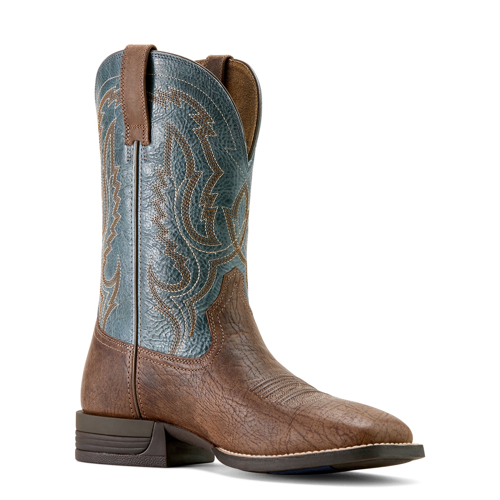 Ariat Men's Steadfast Wide Square Toe Western Boot. Brown and blue cowboy boot on a white background
