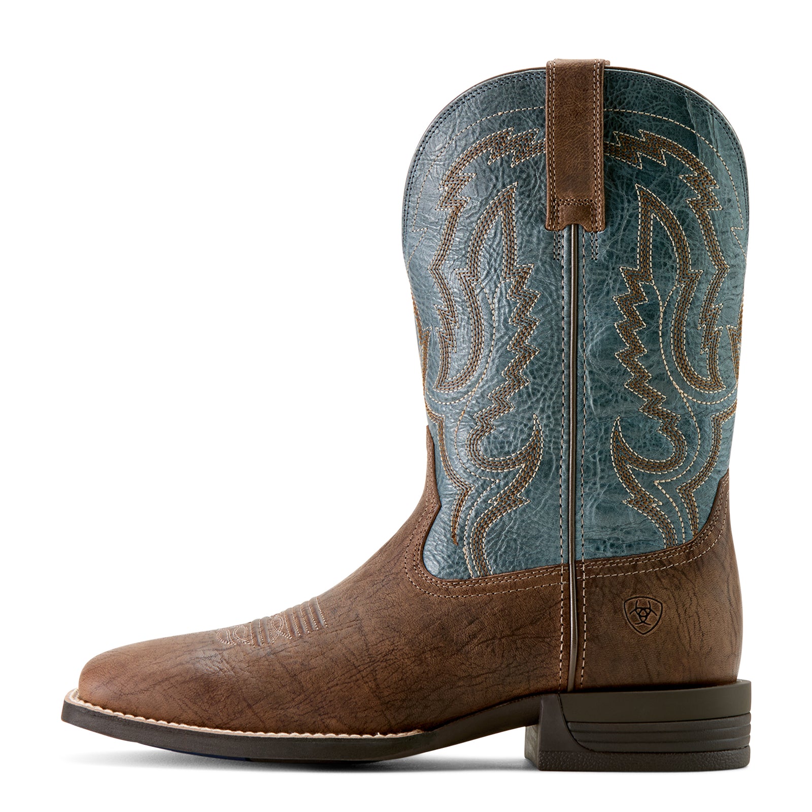 Ariat Men's Steadfast Wide Square Toe Western Boot.  Brown and blue cowboy boot on a white background