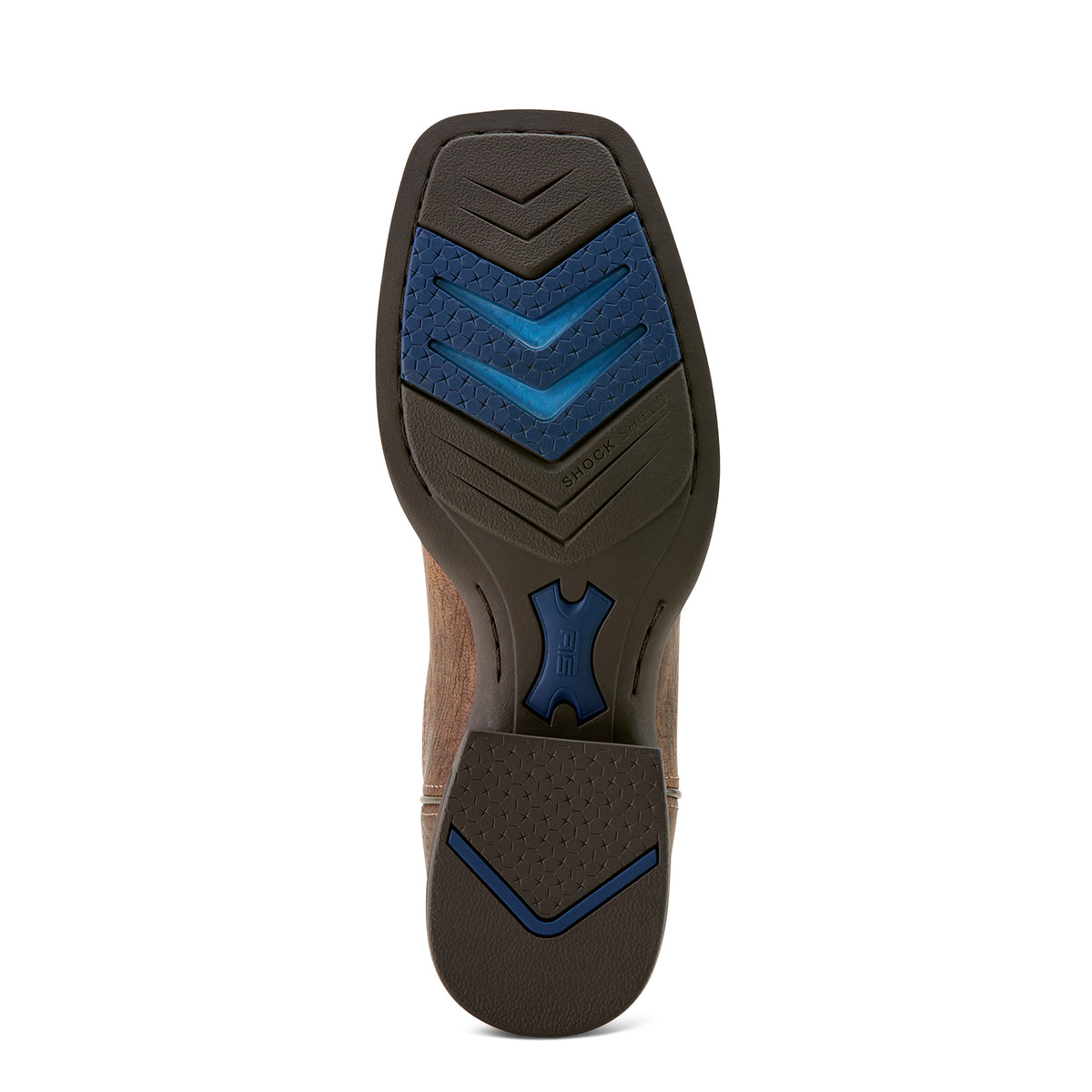 Ariat Men's Steadfast Wide Square Toe Western Boot. Close-up of a shoe sole with blue and brown design on a white background