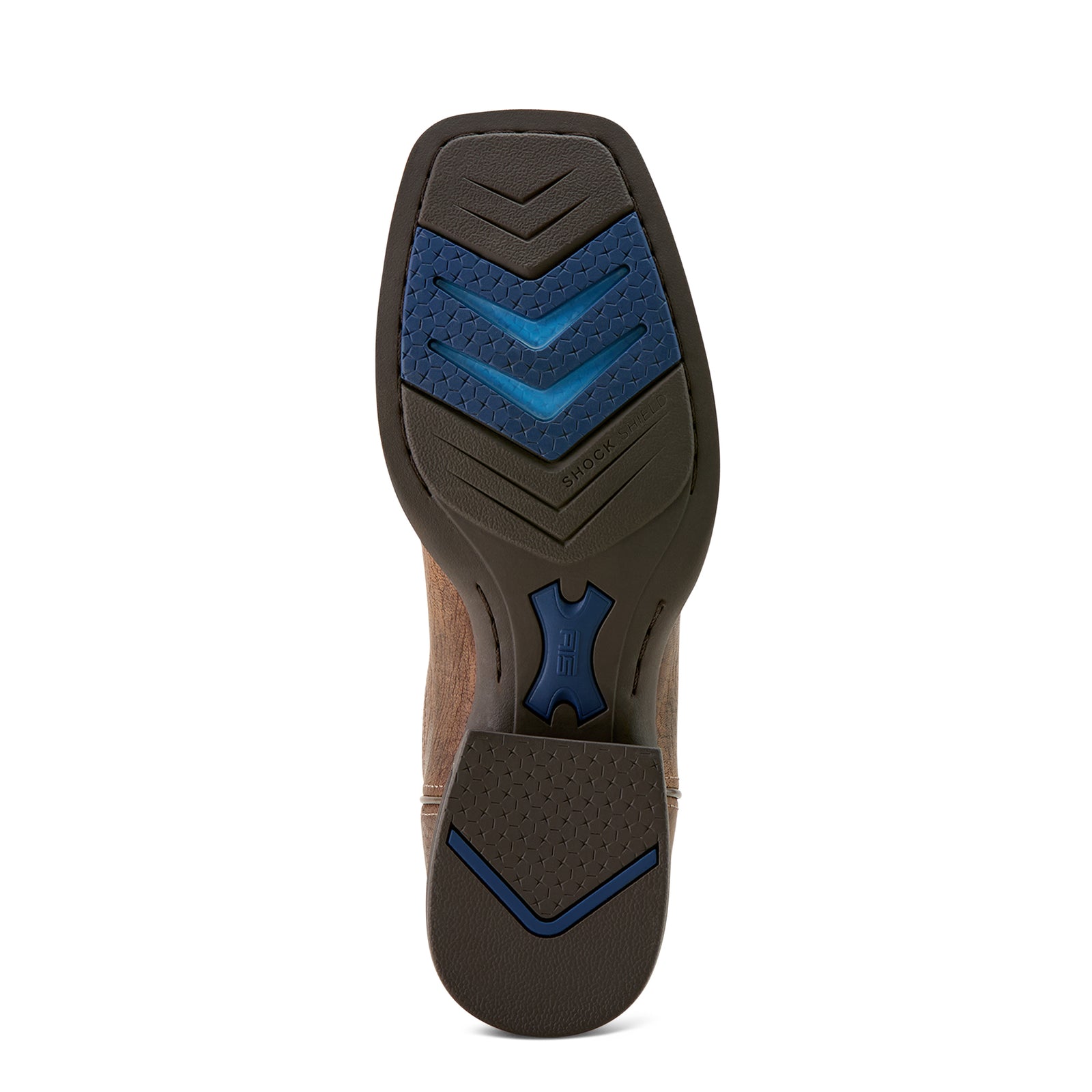 Ariat Men's Steadfast Wide Square Toe Western Boot. Close-up of a shoe sole with blue and brown design on a white background