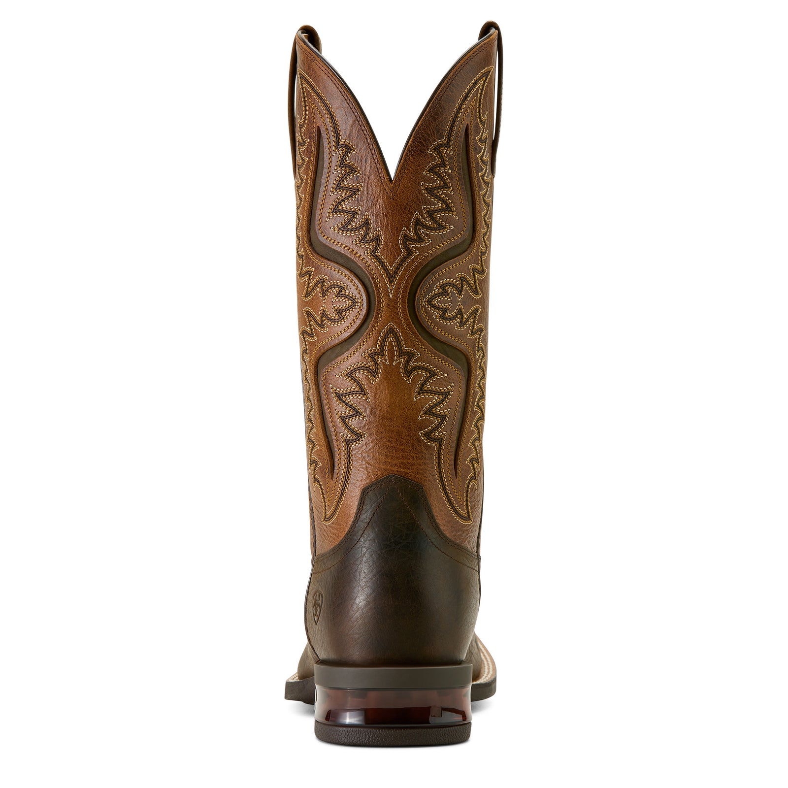 Captivate Wide Square Toe Western Boot. Brown cowboy boot with intricate leatherwork on a white background
