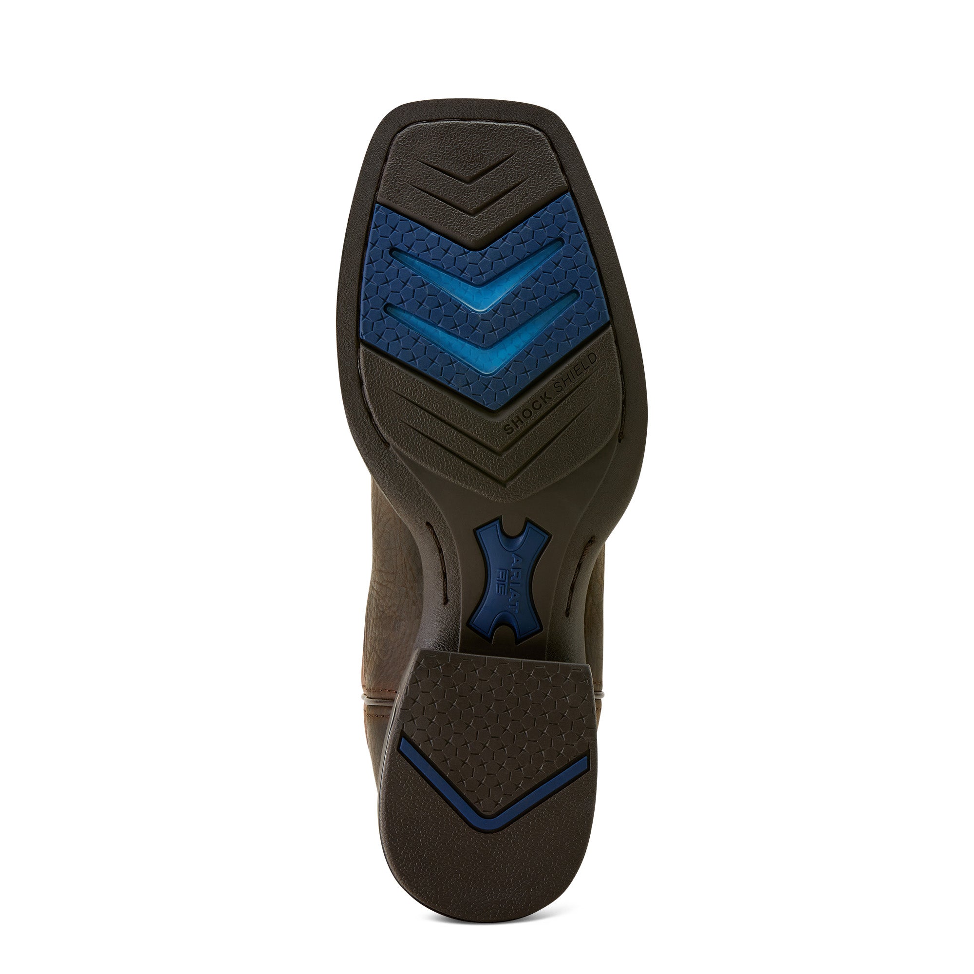 Captivate Wide Square Toe Western Boot. Close-up of a shoe sole with blue and black pattern on a white background