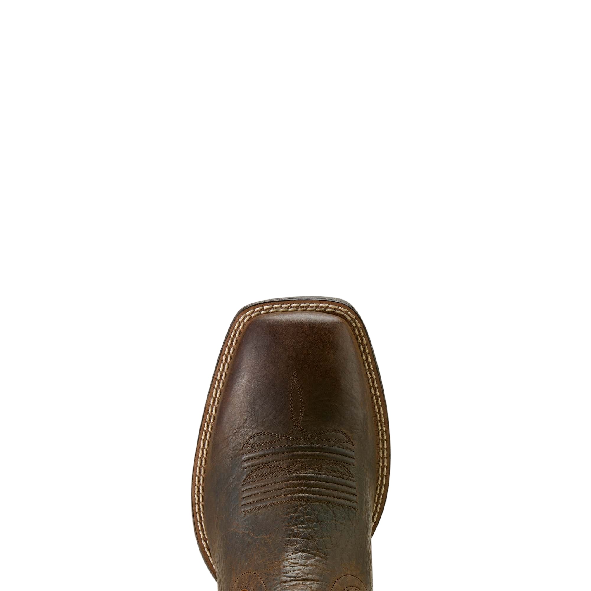 Captivate Wide Square Toe Western Boot. Brown cowboy boot with intricate stitching on a white background