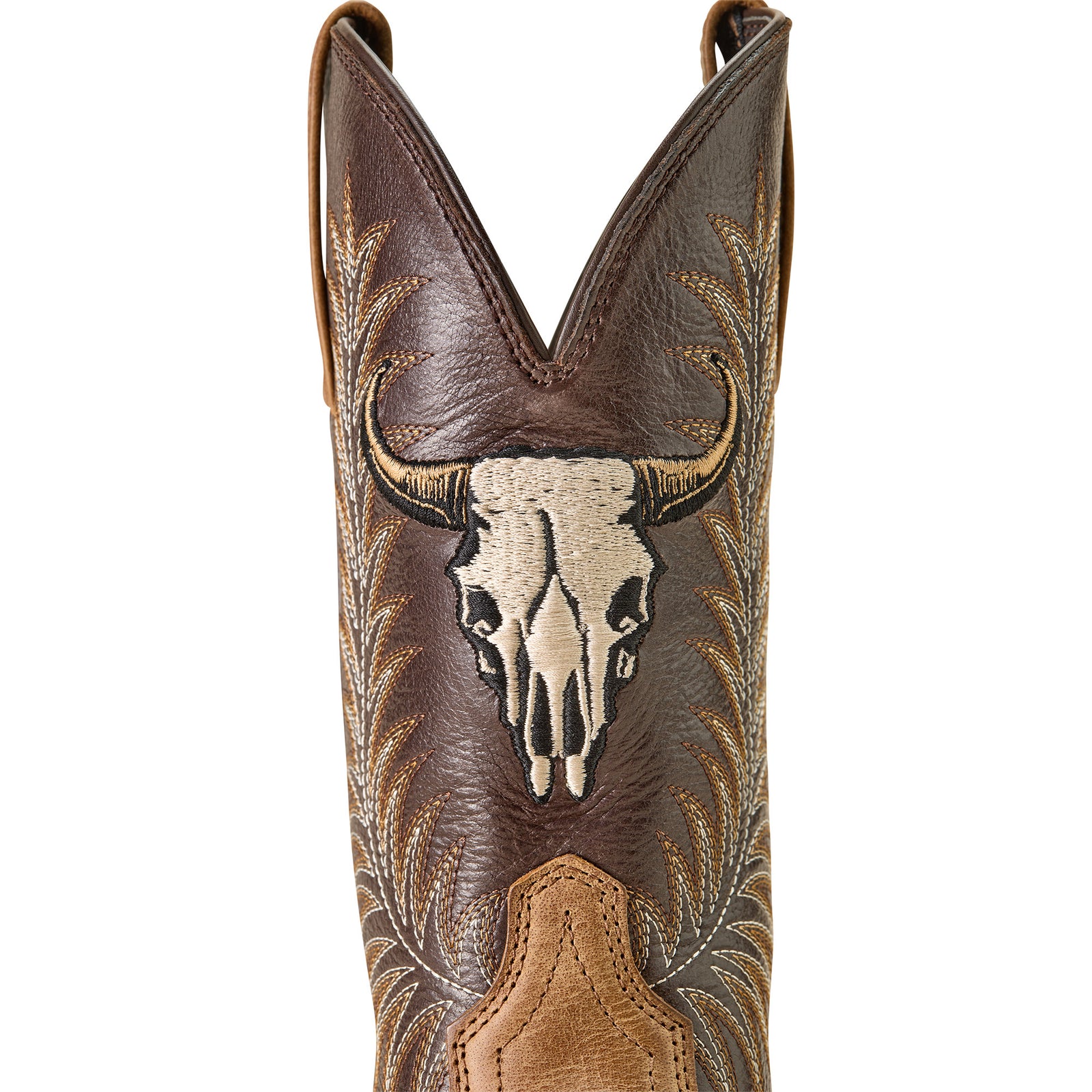 Ariat Men's Sport Steer Skull Wide Square Toe Western Boot. Cowboy boot with bull skull design on a white background
