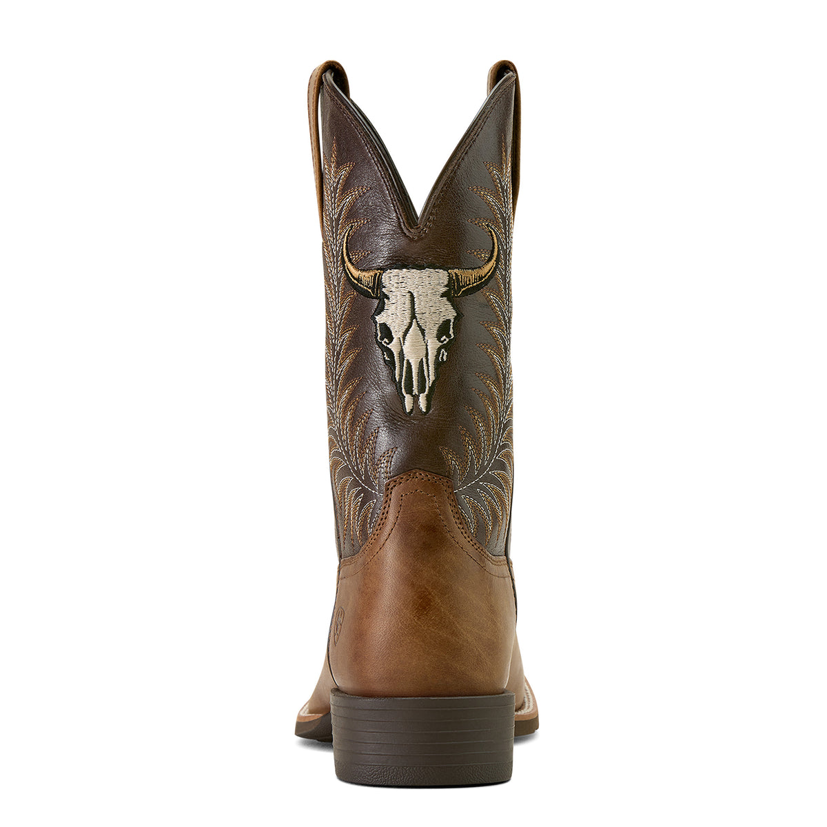 Ariat Men's Sport Steer Skull Wide Square Toe Western Boot. Brown cowboy boot with bull skull design on a white background