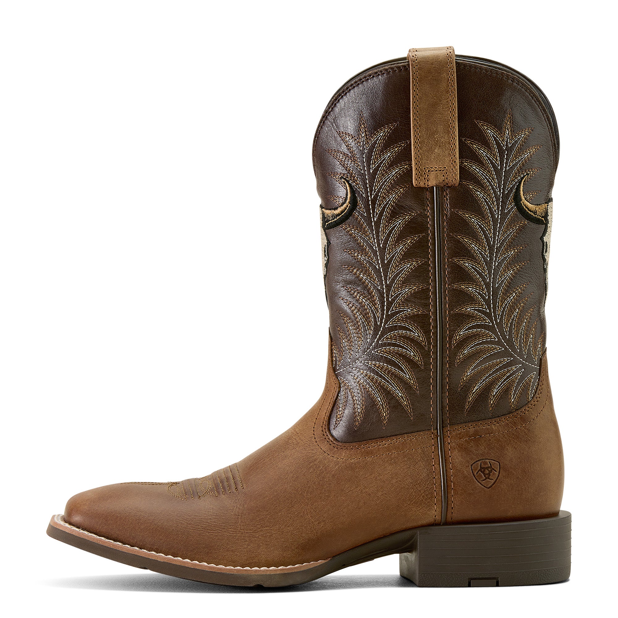Ariat Men's Sport Steer Skull Wide Square Toe Western Boot. Brown cowboy boot with intricate stitching on a white background