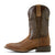 Ariat Men's Sport Steer Skull Wide Square Toe Western Boot. Brown cowboy boot with intricate stitching on a white background