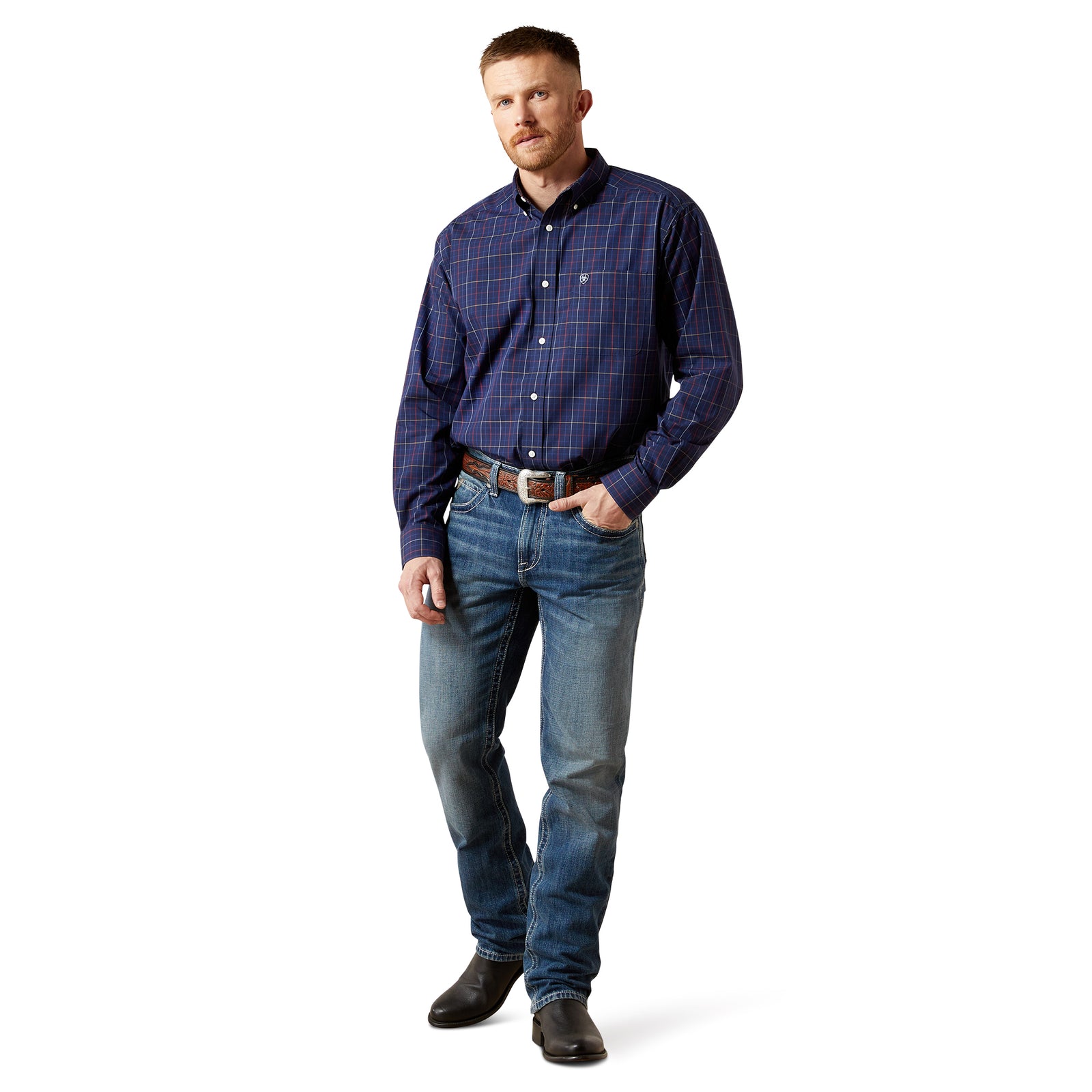 Man wearing a blue checkered shirt and jeans on a white background