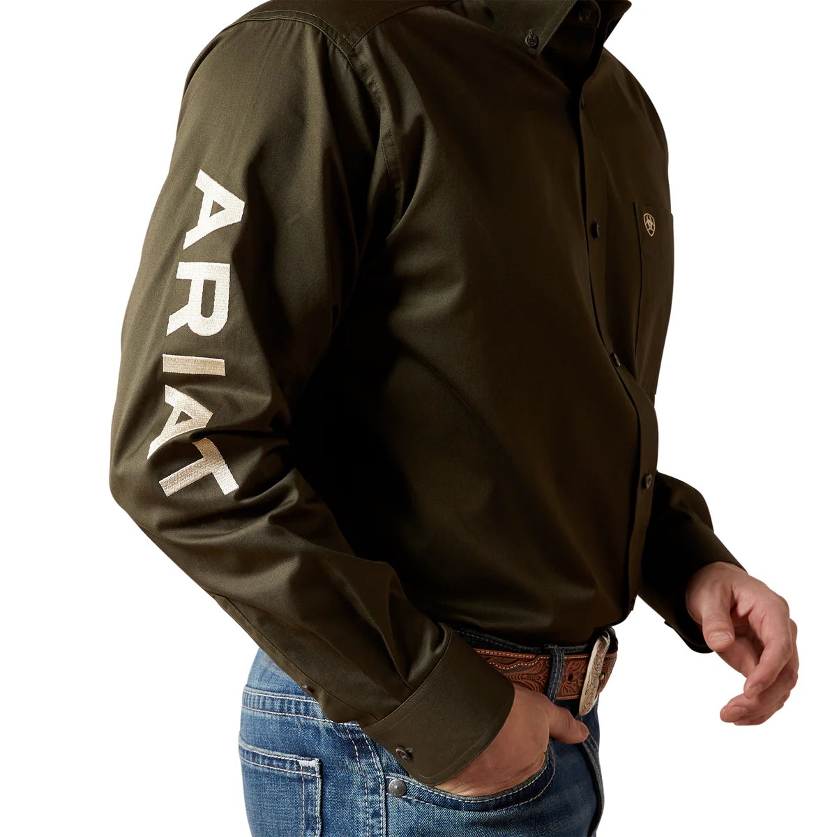 Brown jacket with 'Ariat' branding on sleeve, worn by a person.