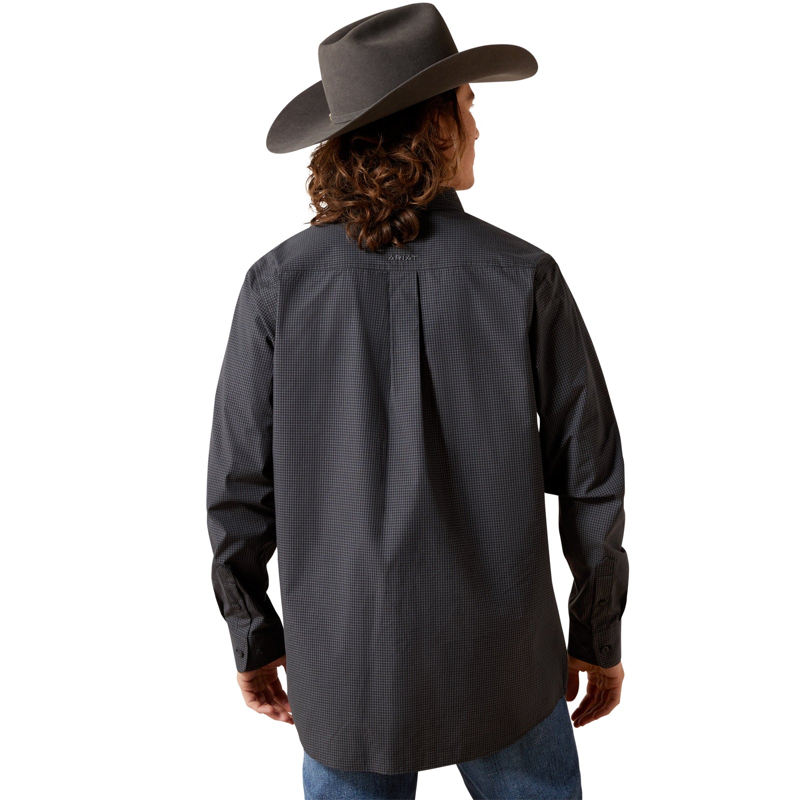 Person wearing a dark gray long-sleeve shirt and cowboy hat on a white background