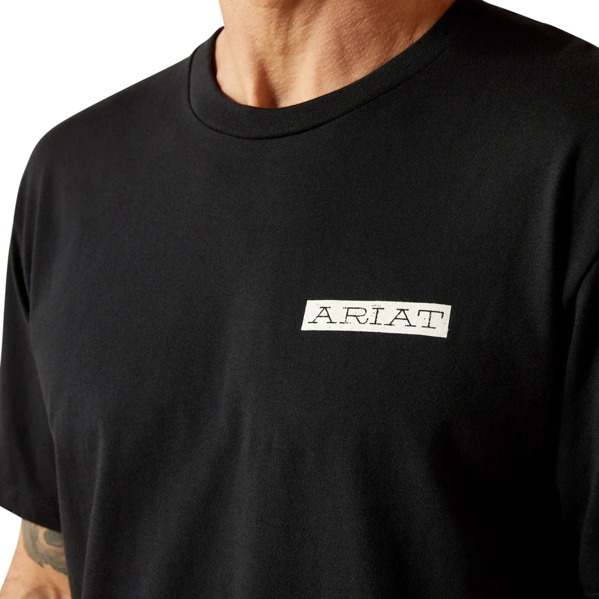 Black t-shirt with Ariat logo on a white background
