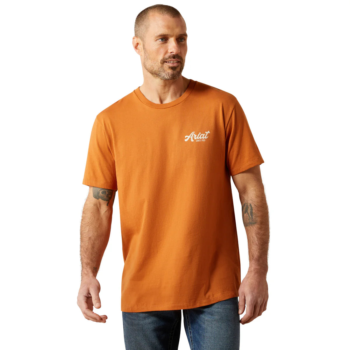 Man wearing an orange t-shirt with a logo on a white background