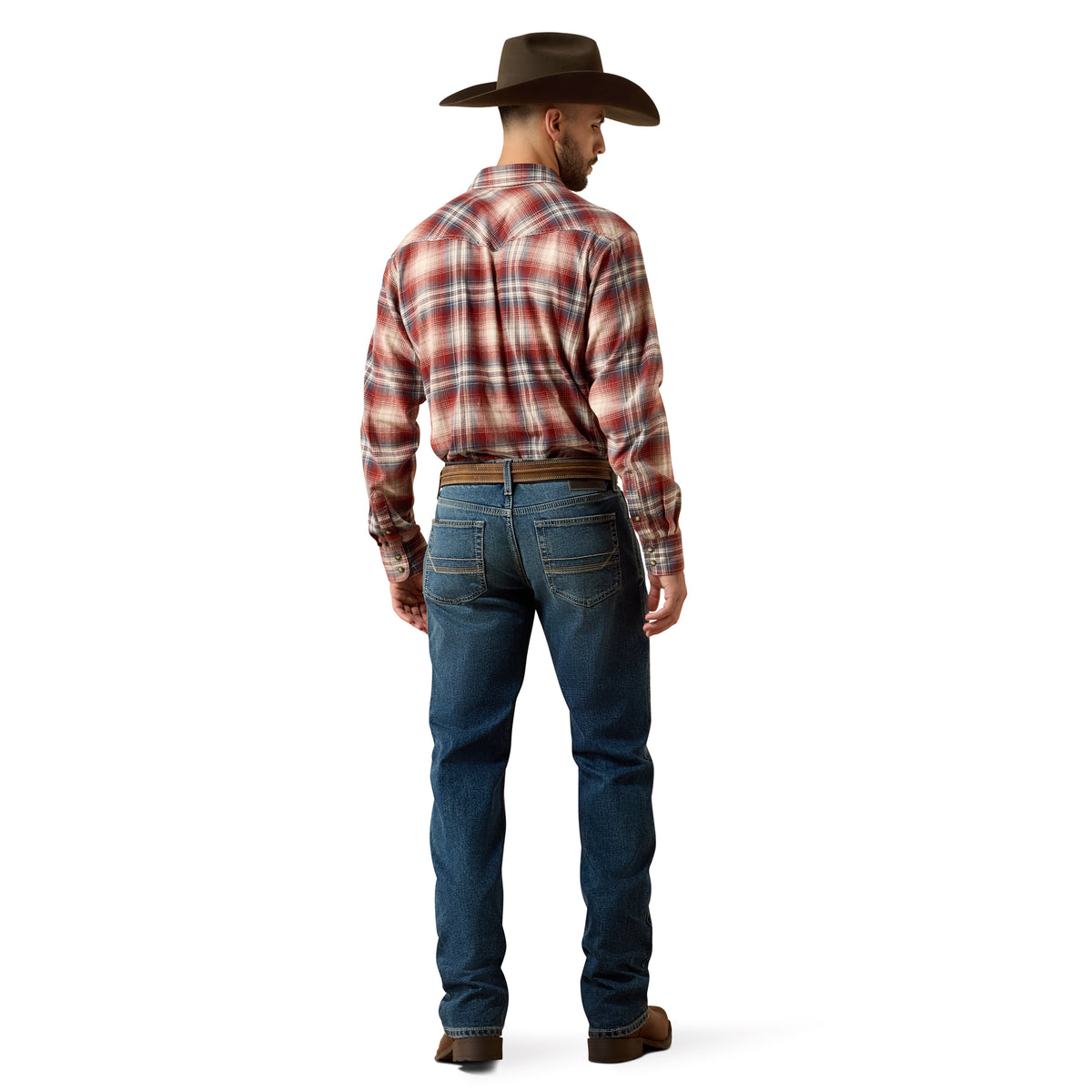Man wearing a plaid shirt and jeans with a cowboy hat on a white background