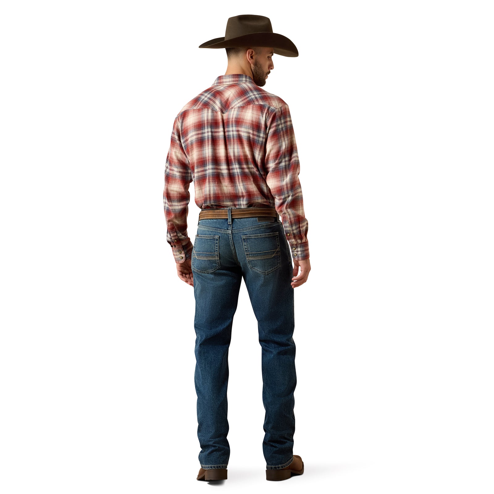 Man wearing a plaid shirt and jeans with a cowboy hat on a white background