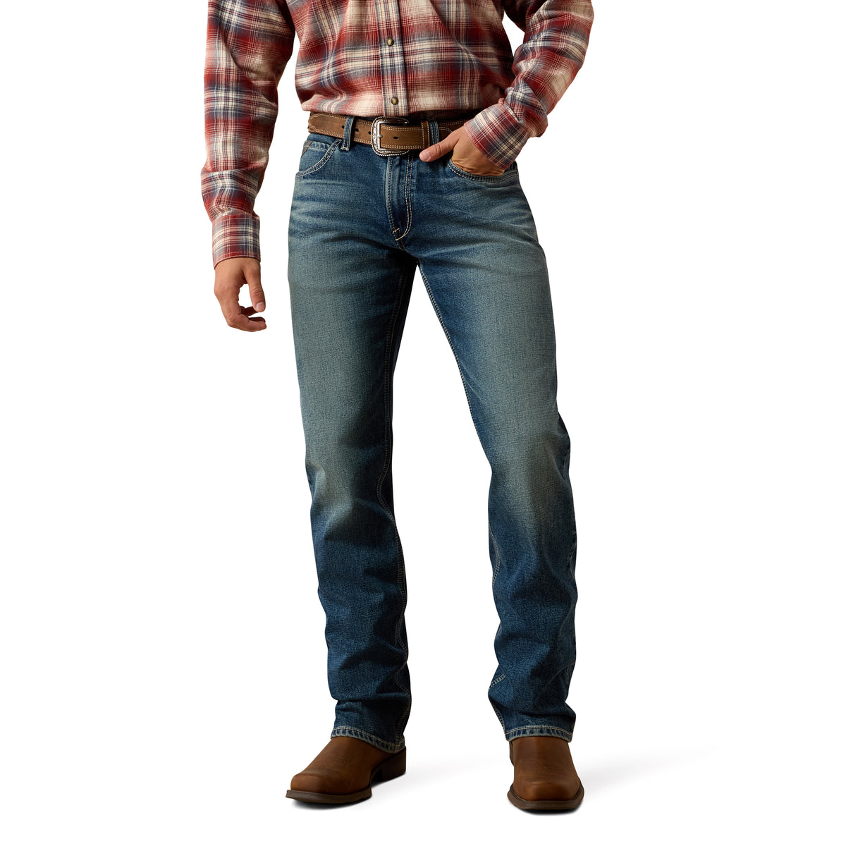 Person wearing blue jeans and a plaid shirt on a white background