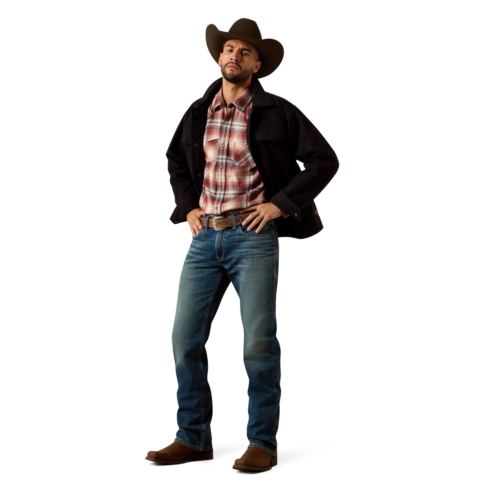 Man wearing a cowboy hat, jacket, plaid shirt, and jeans on a white background