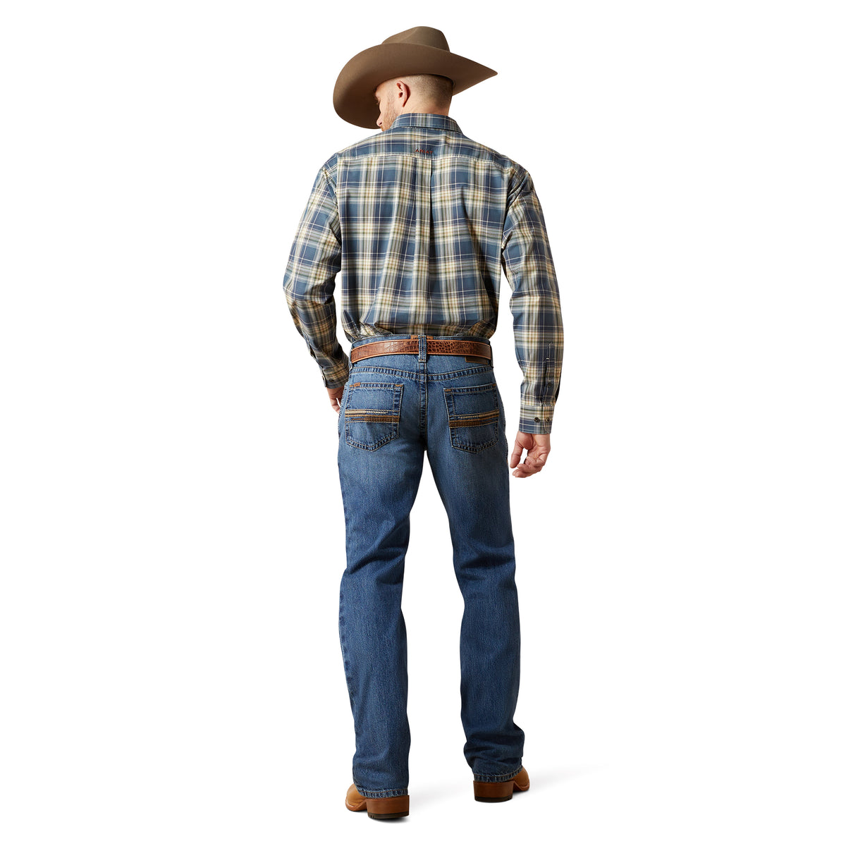 Man wearing a plaid shirt and jeans with a cowboy hat on a white background