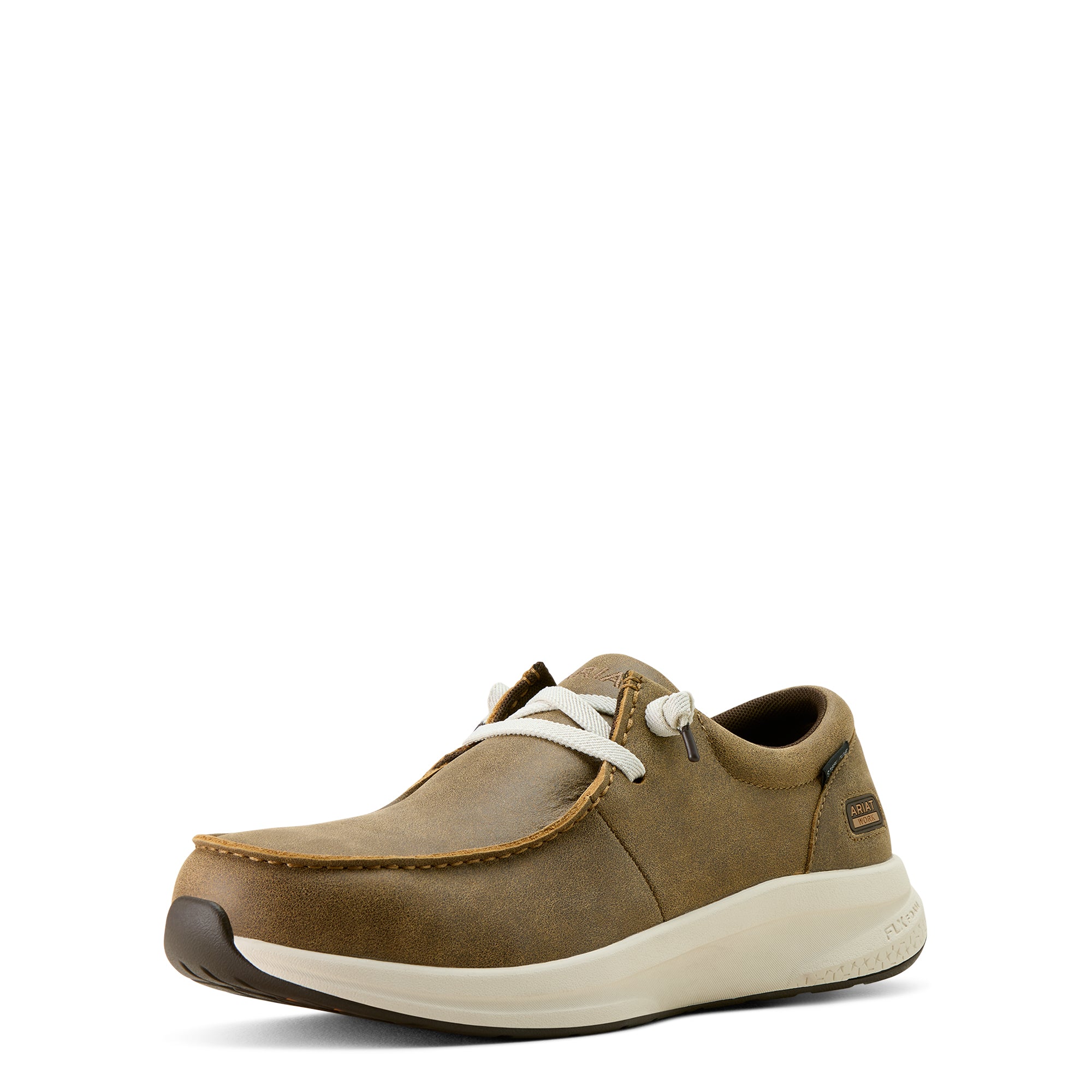 Ariat Men's Buckeye Steel Toe Work Shoe. Brown shoe with white sole on a white background