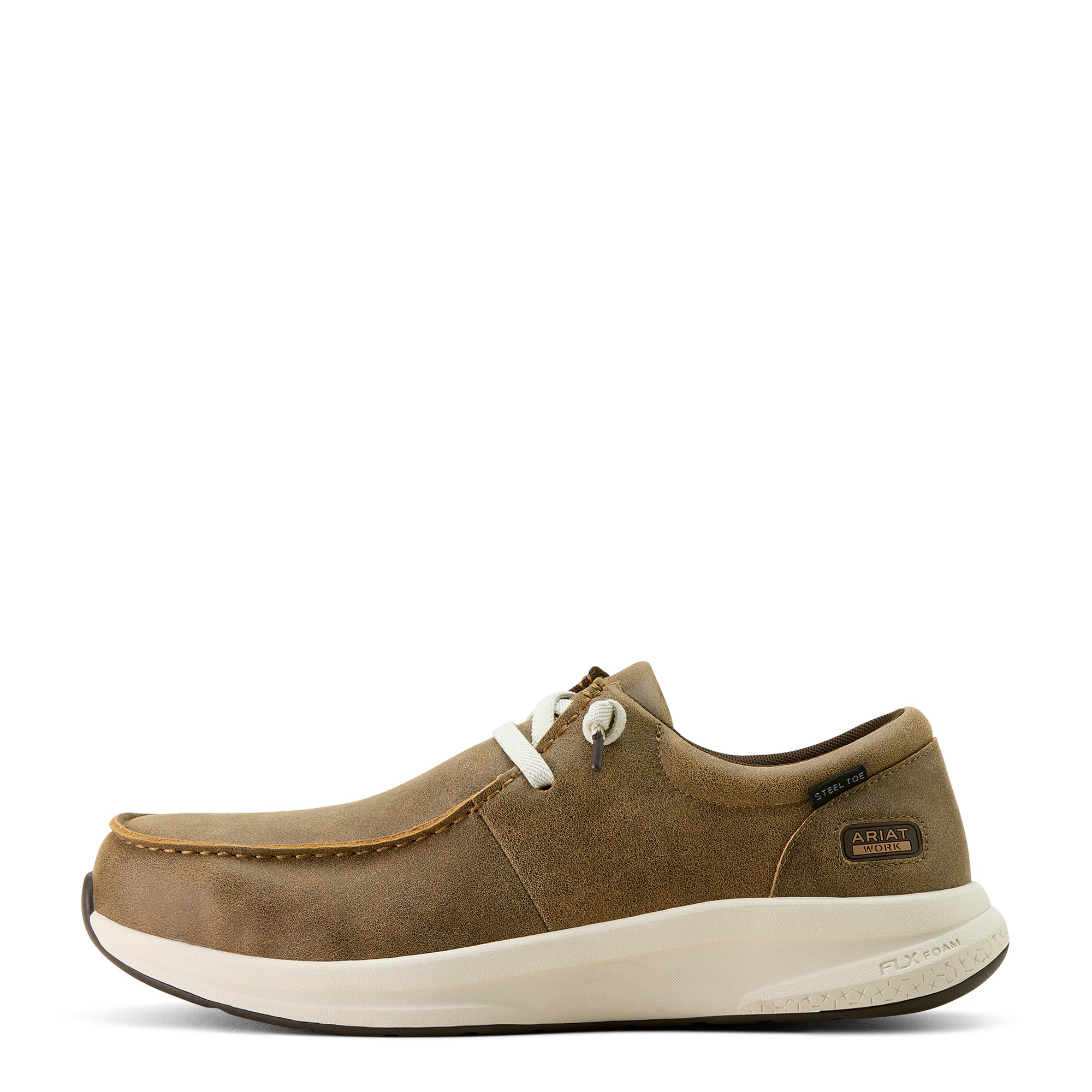 Ariat Men's Buckeye Steel Toe Work Shoe. Brown shoe with white sole on a white background