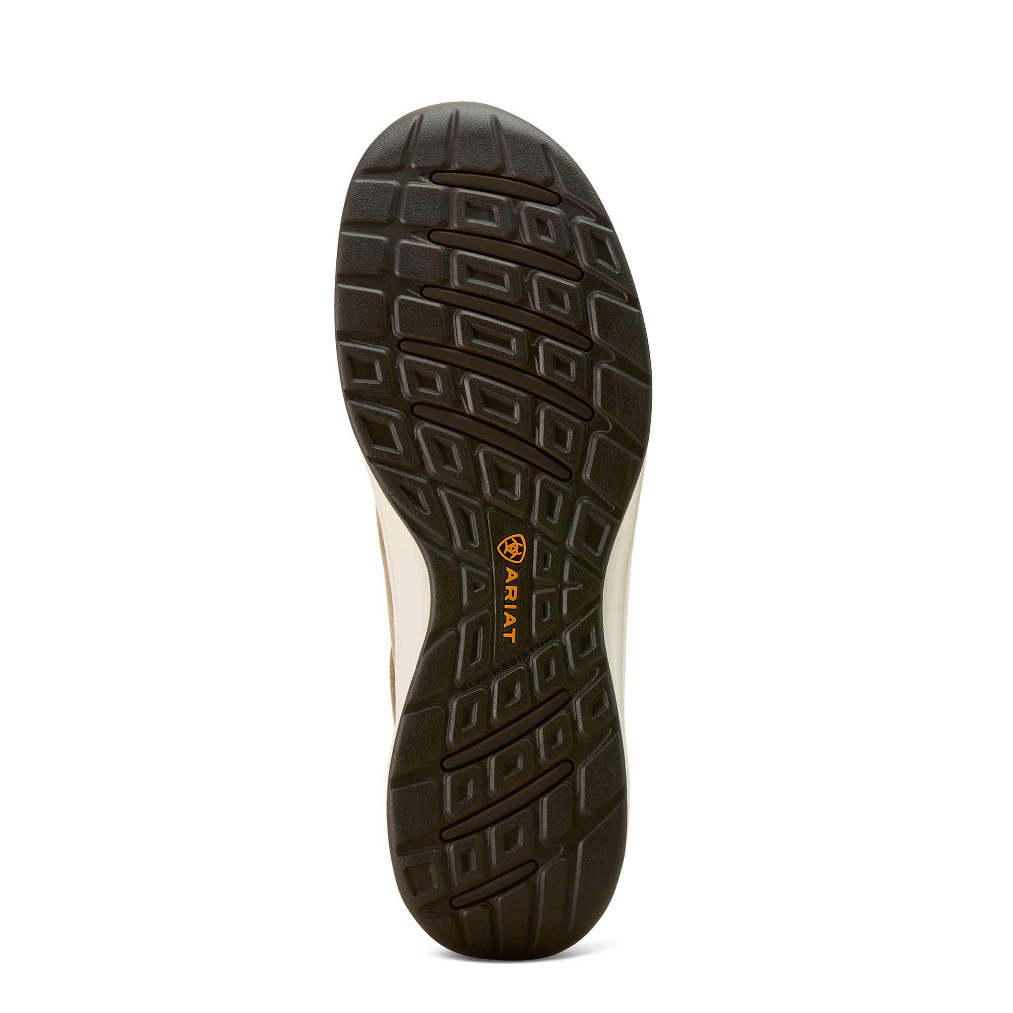 Ariat Men's Buckeye Steel Toe Work Shoe. Close-up of a shoe sole with a brand logo on a white background