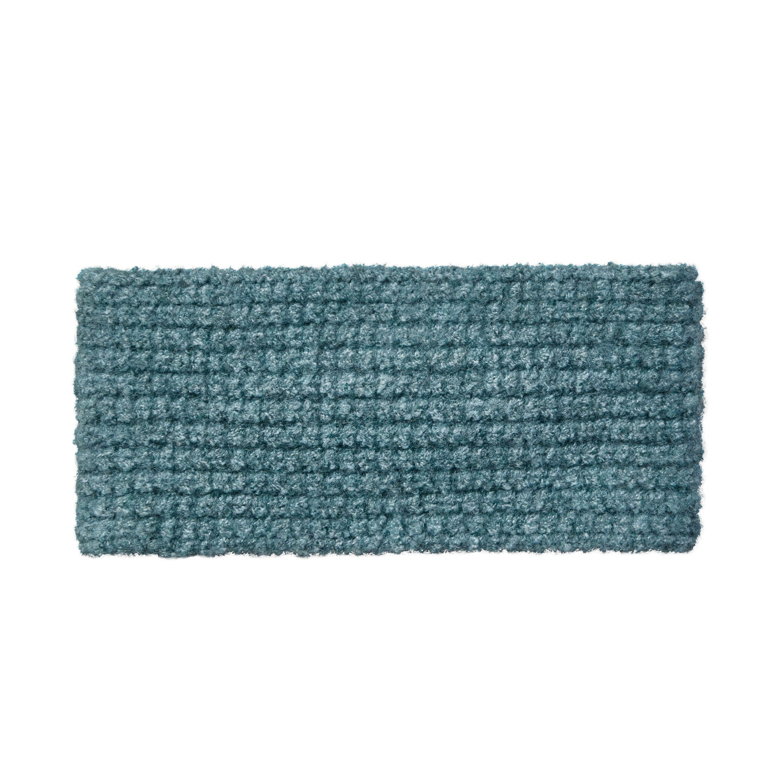 Teal knitted headband with a brand label on a white background