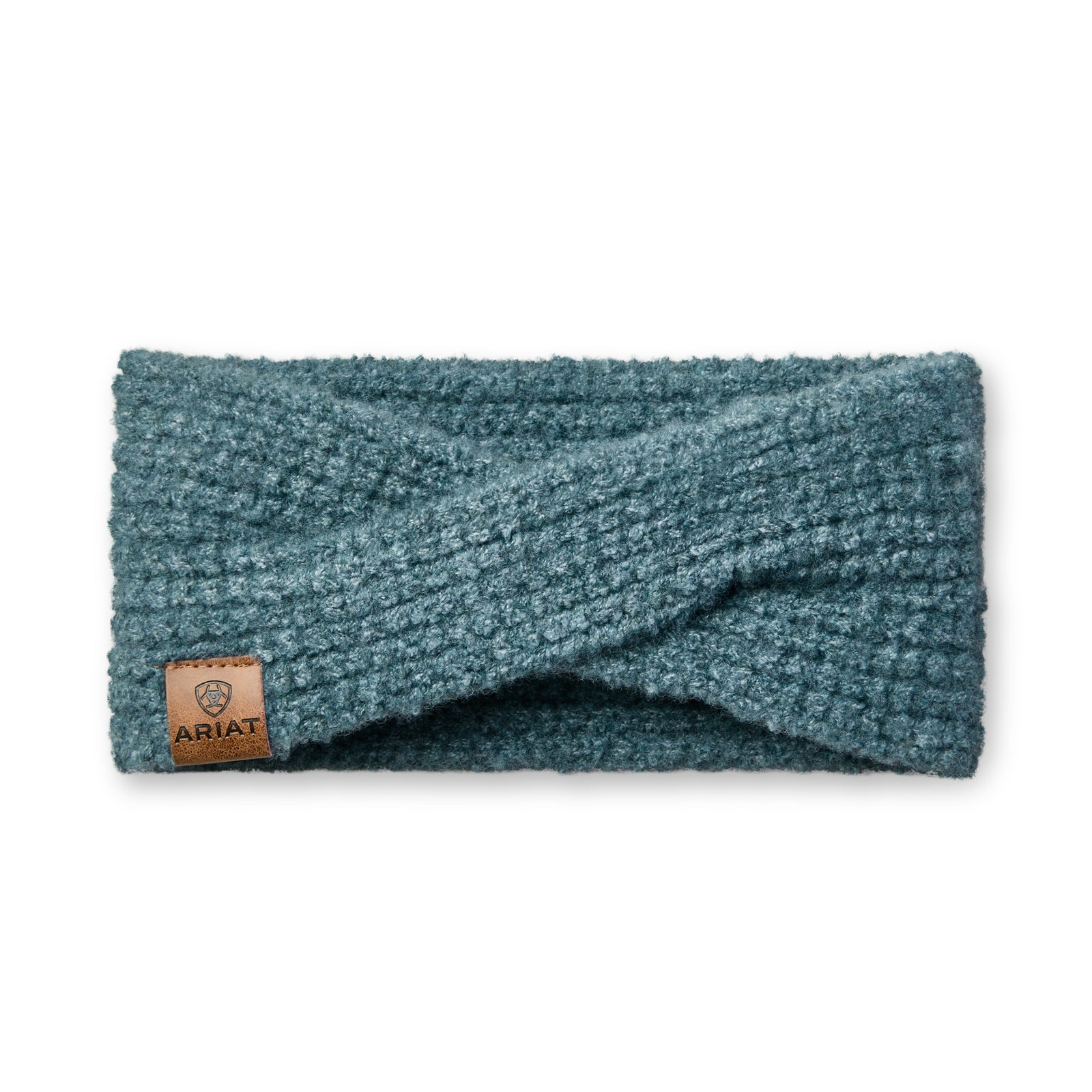 Teal knitted headband with a brand label on a white background