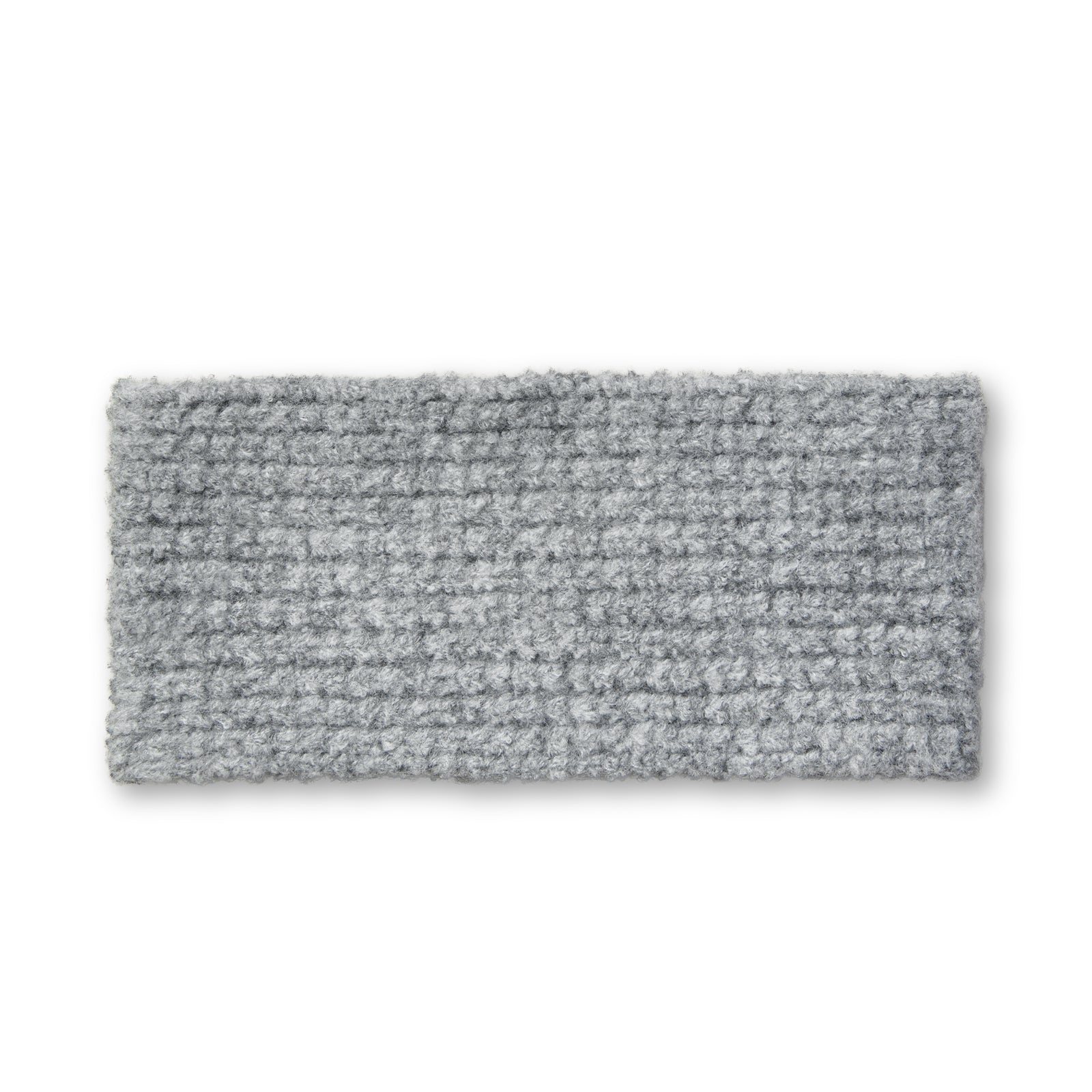 Gray knitted headband with a brand label on a white background