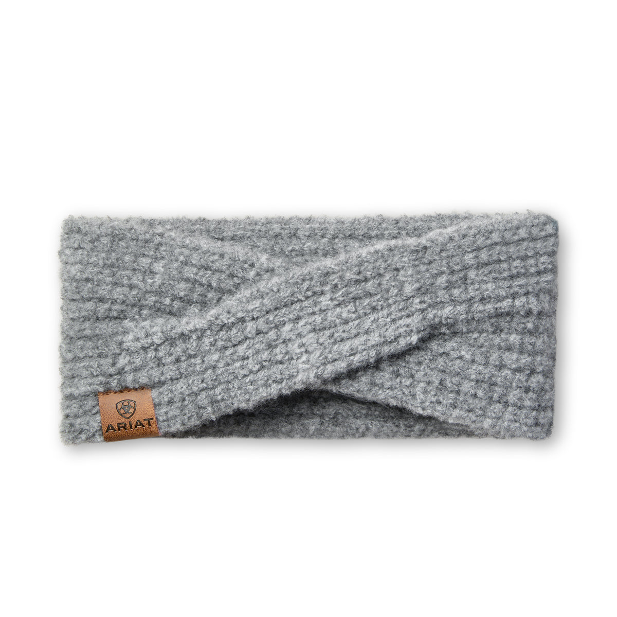 Gray knitted headband with a brand label on a white background
