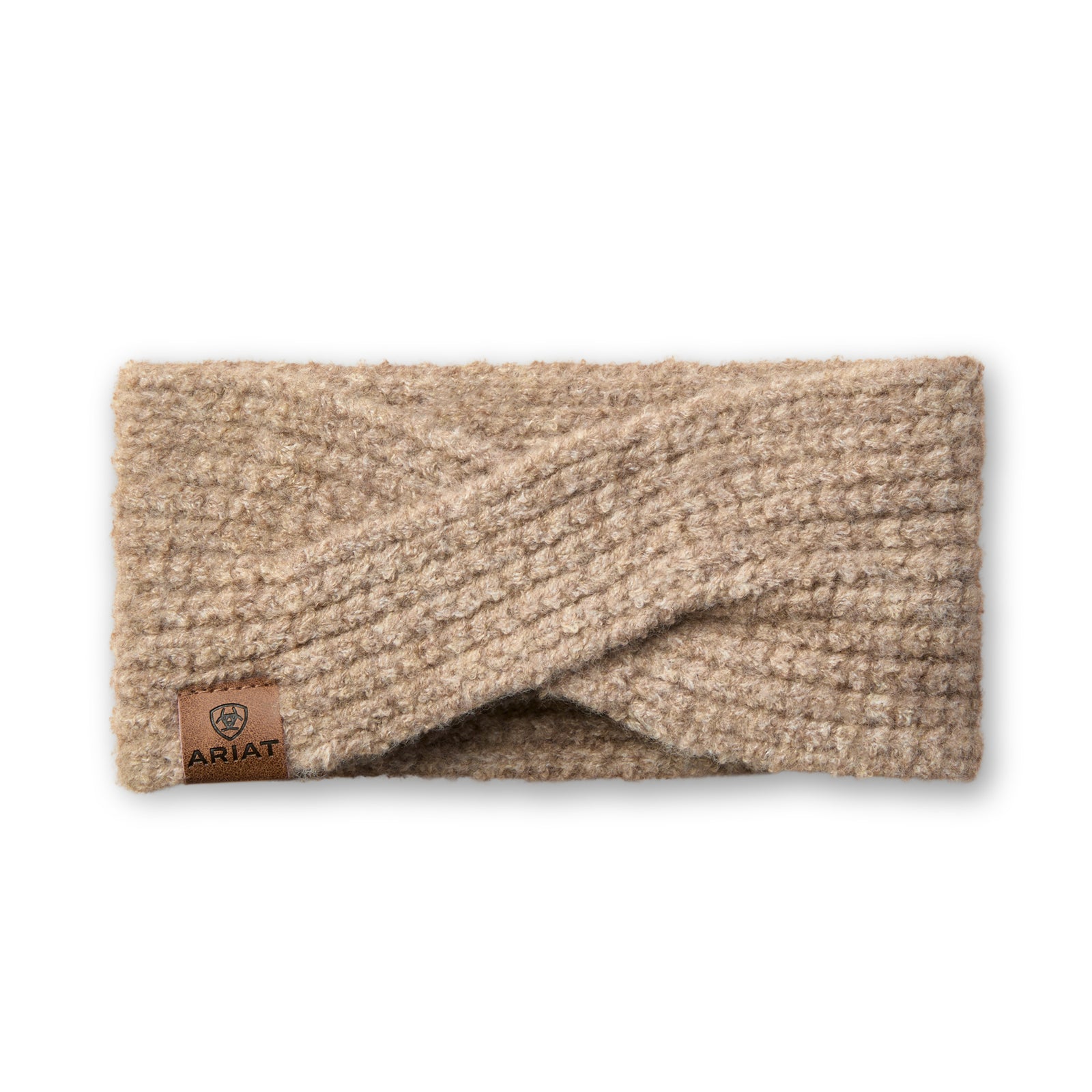 Beige knitted headband with Ariat logo on a white background