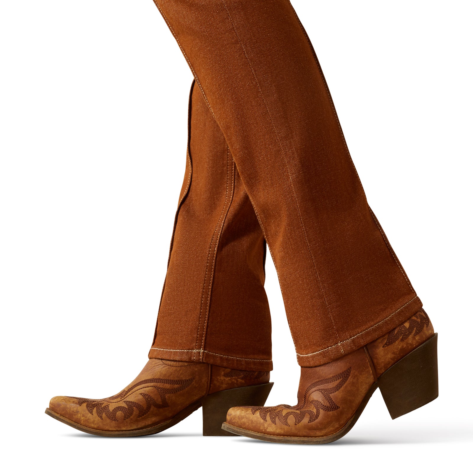Ariat Women's Jazmine Ultra High Rise Relaxed Straight Jean. Brown pants worn by a person on a white background
