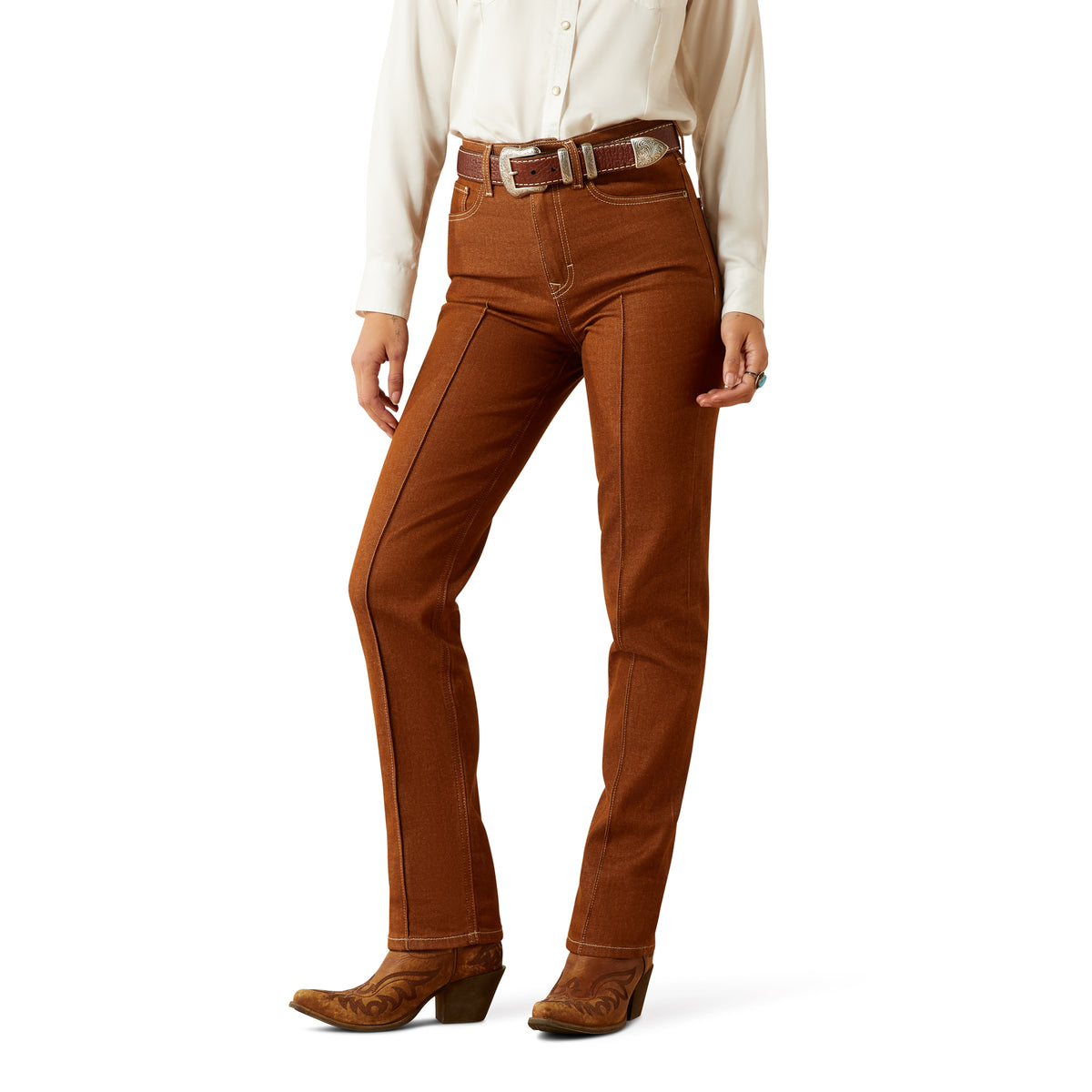 Ariat Women&#39;s Jazmine Ultra High Rise Relaxed Straight Jean. Brown pants worn by a person on a white background