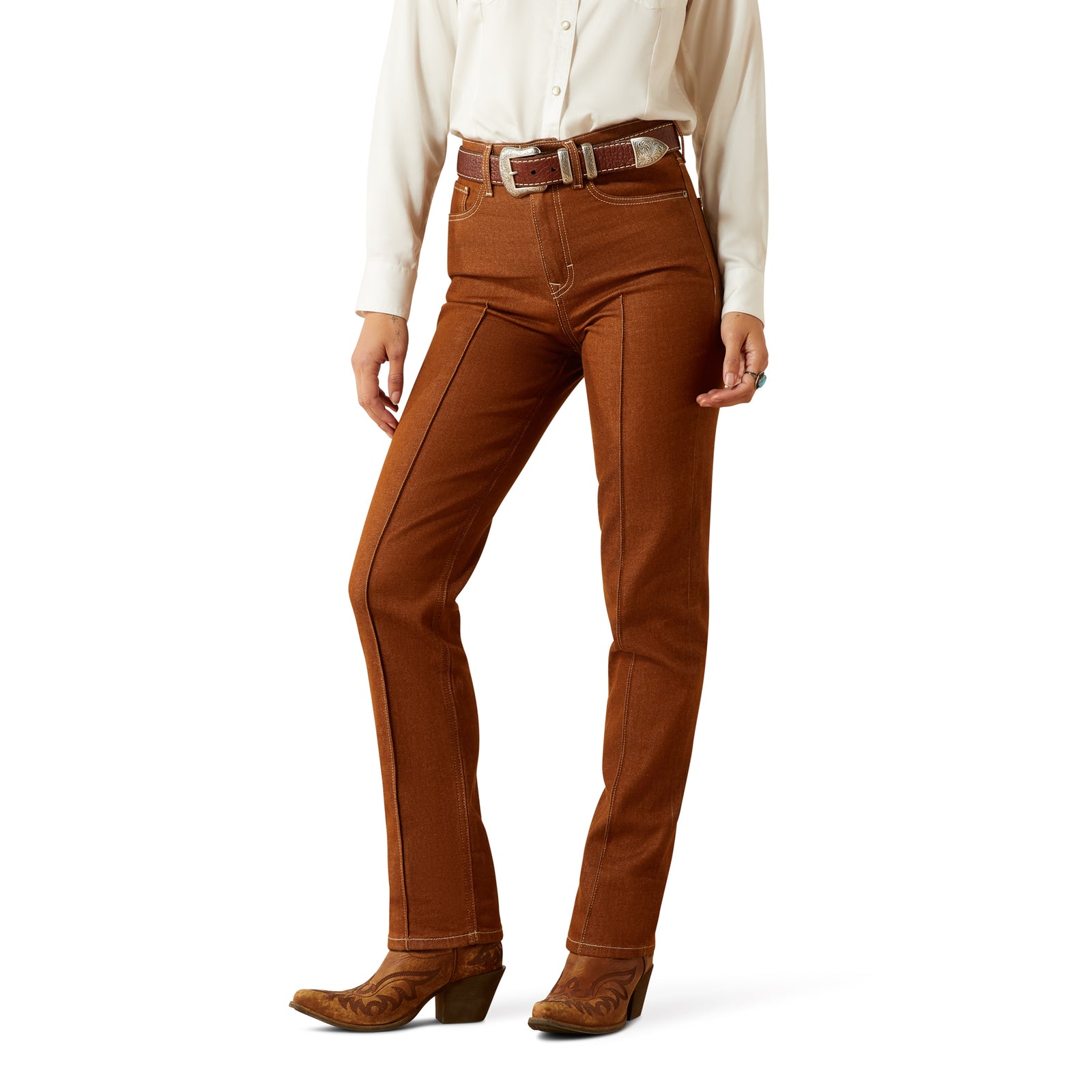 Ariat Women's Jazmine Ultra High Rise Relaxed Straight Jean. Brown pants worn by a person on a white background