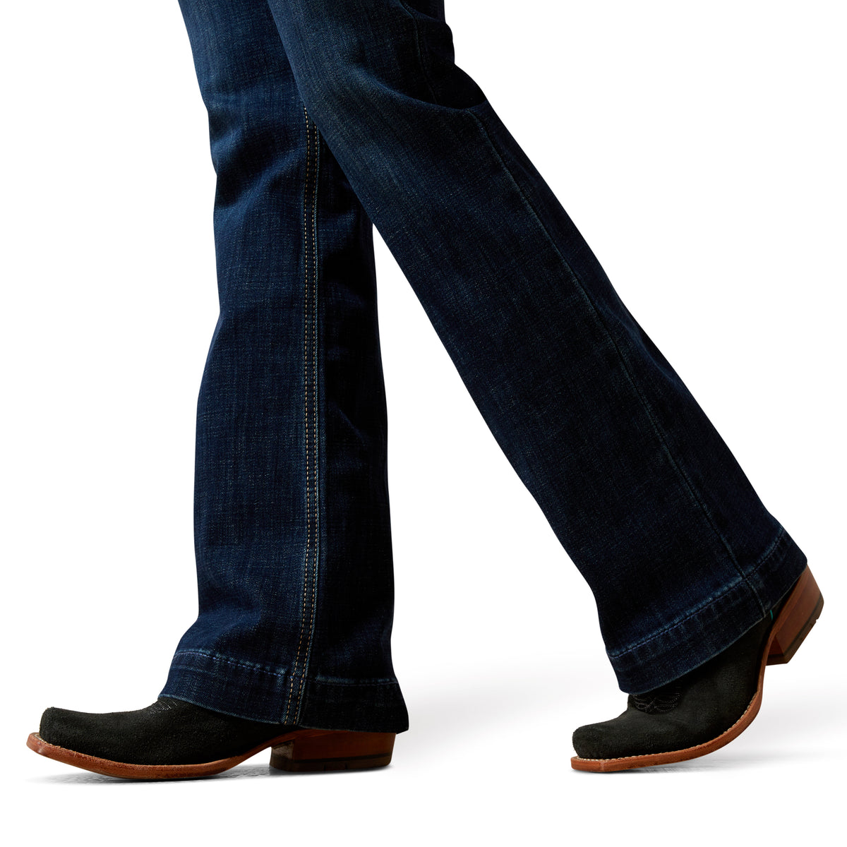 Ariat Women's Cindy Mid Rise Trouser. Blue jeans and brown boots on a white background