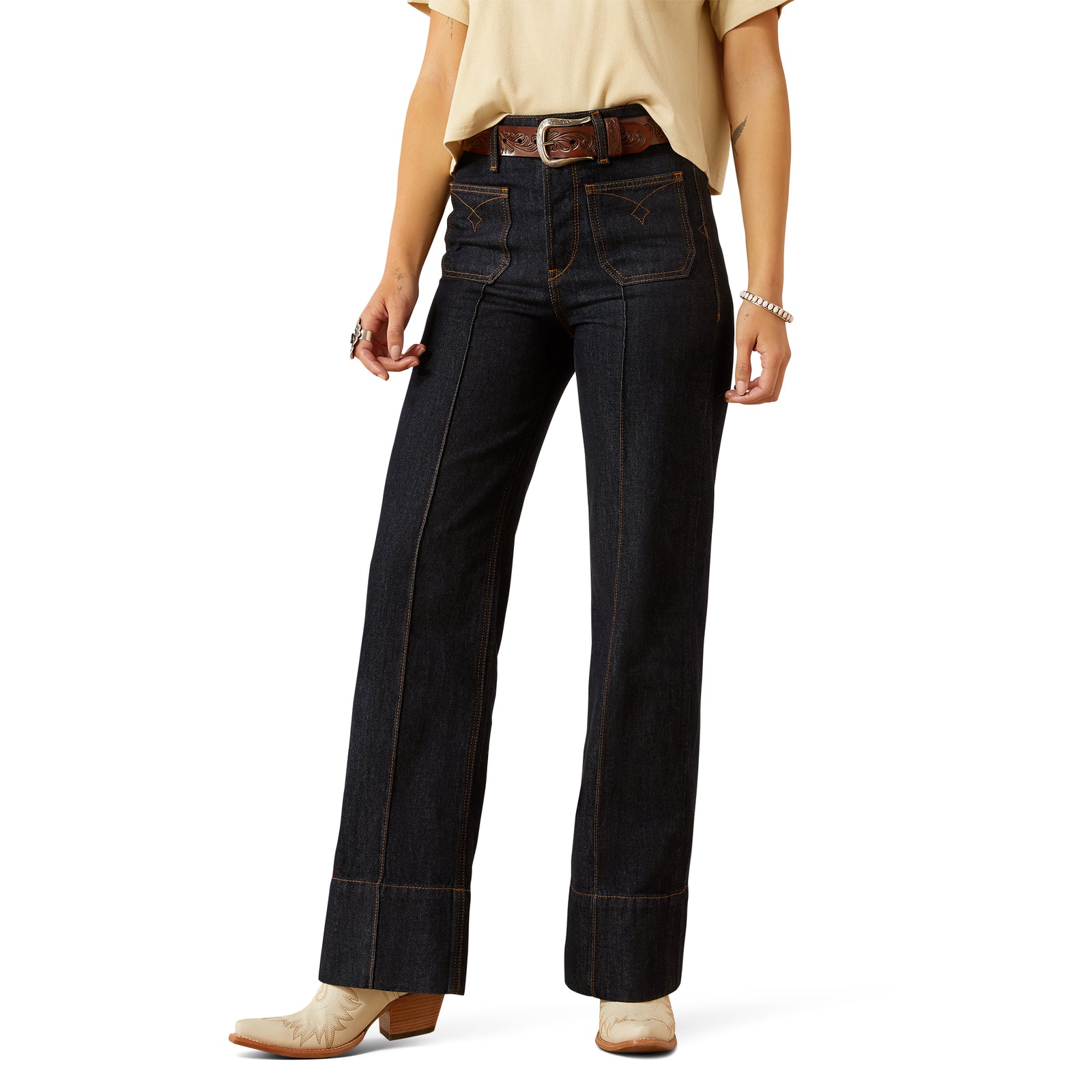 Ariat Women's Western Utility Ultra High Rise Tomboy Wide Leg Jean. Person wearing dark blue jeans on a white background