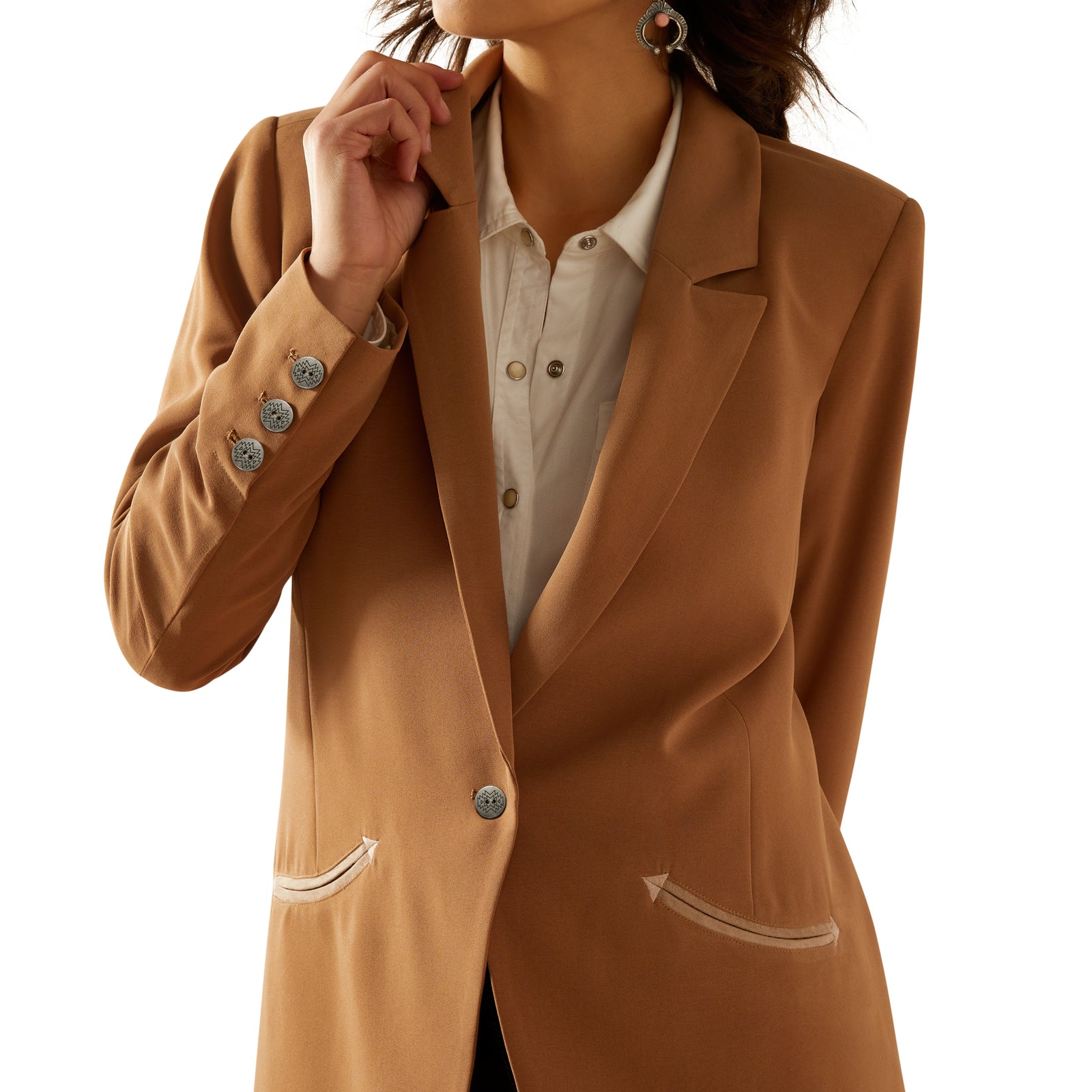 Brown blazer worn by a person on a white background