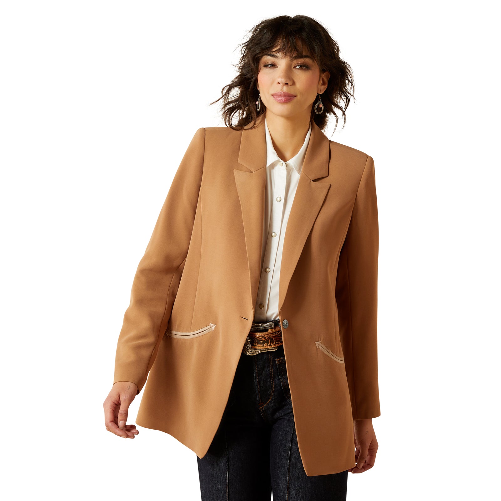 Woman wearing a brown blazer over a white shirt on a white background