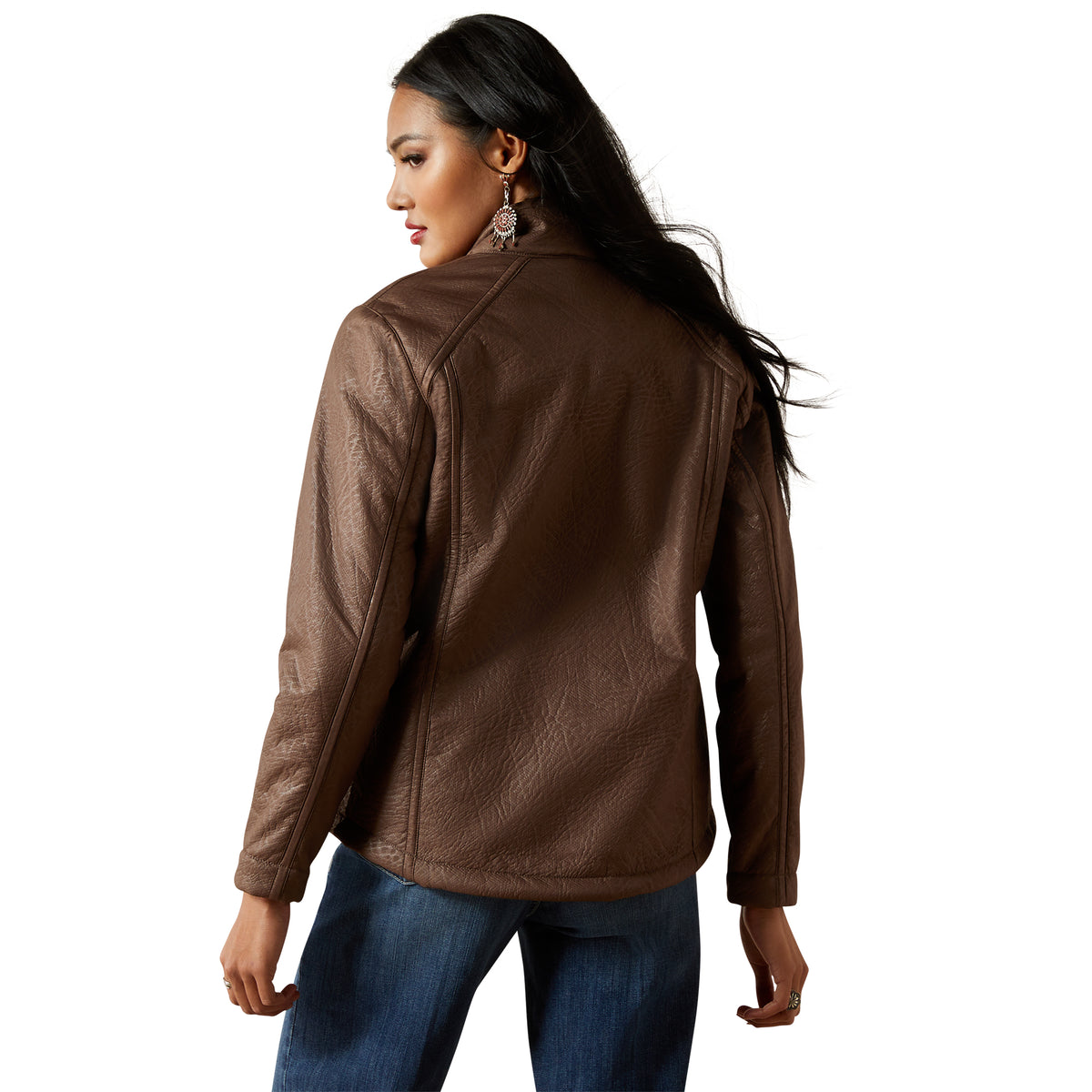 Woman wearing a brown leather jacket on a white background